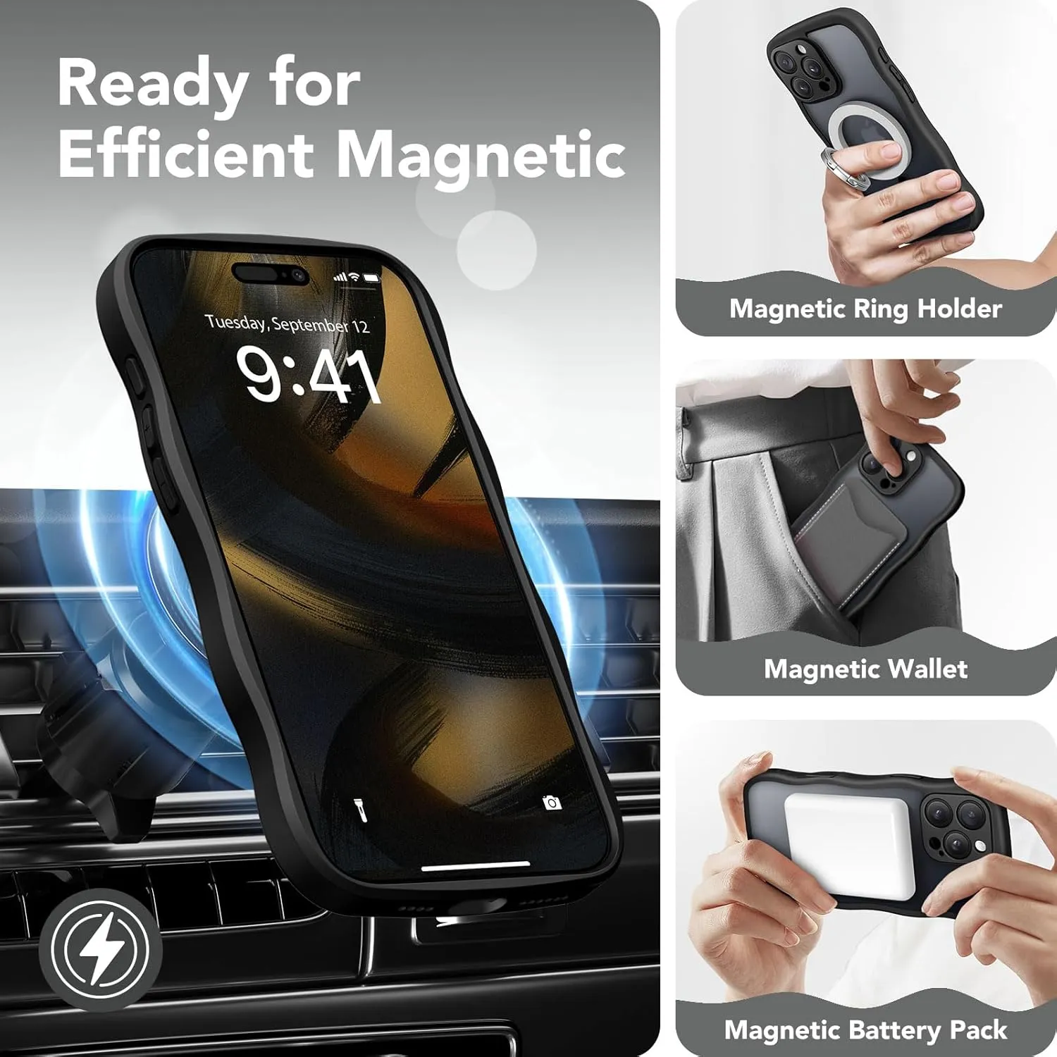 for iPhone 16 Pro Case for Women Girls, Upgraded [Full Camera Protection] [Compatible with MagSafe] Cute Wave Translucent Matte Phone Case for iPhone 16 Pro, Black