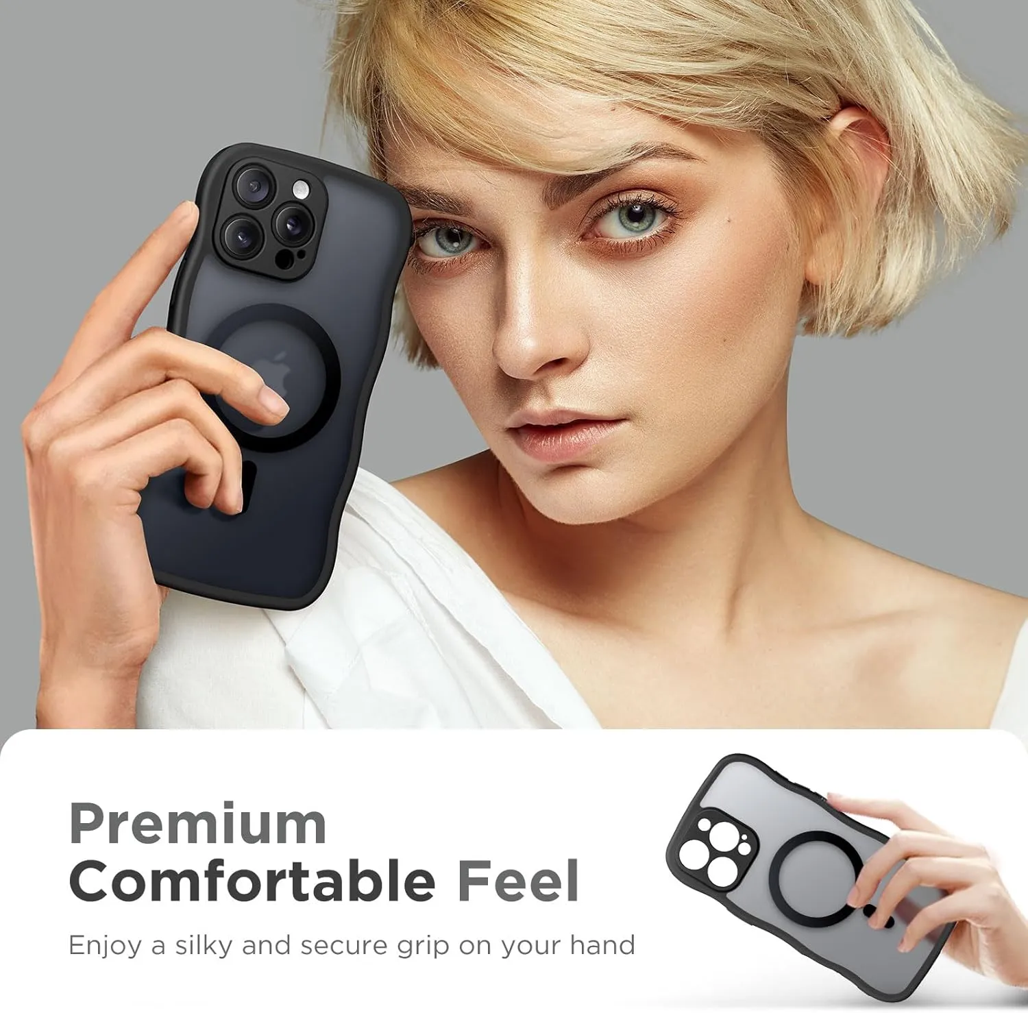 for iPhone 16 Pro Case for Women Girls, Upgraded [Full Camera Protection] [Compatible with MagSafe] Cute Wave Translucent Matte Phone Case for iPhone 16 Pro, Black