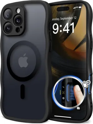 for iPhone 16 Pro Case for Women Girls, Upgraded [Full Camera Protection] [Compatible with MagSafe] Cute Wave Translucent Matte Phone Case for iPhone 16 Pro, Black