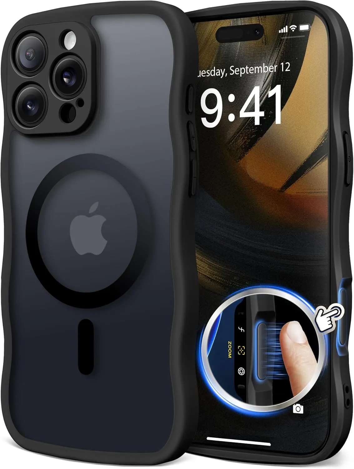 for iPhone 16 Pro Case for Women Girls, Upgraded [Full Camera Protection] [Compatible with MagSafe] Cute Wave Translucent Matte Phone Case for iPhone 16 Pro, Black