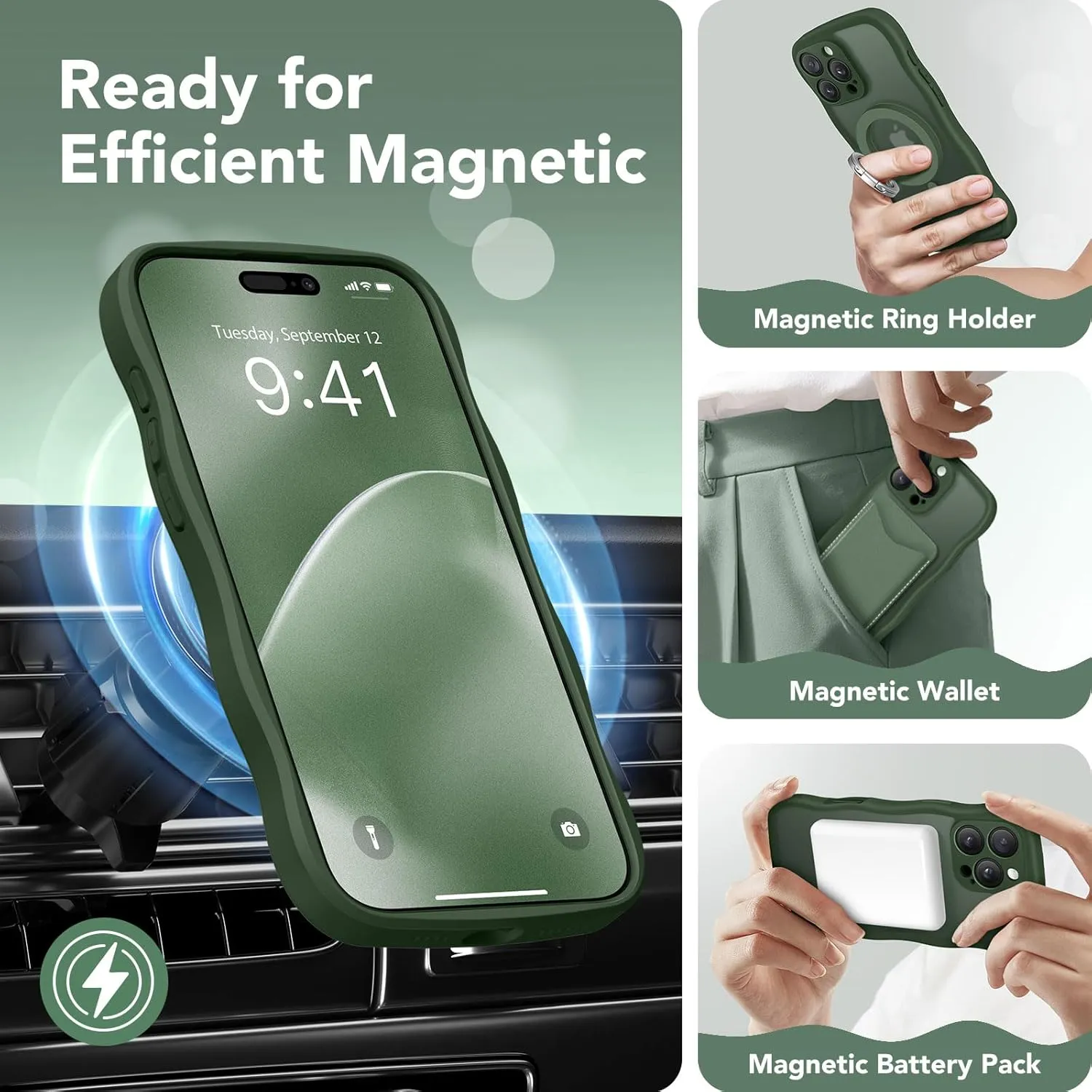 for iPhone 16 Pro Case for Women Girls, Upgraded [Full Camera Protection] [Compatible with MagSafe] Cute Wave Translucent Matte Phone Case for iPhone 16 Pro, Deep Green