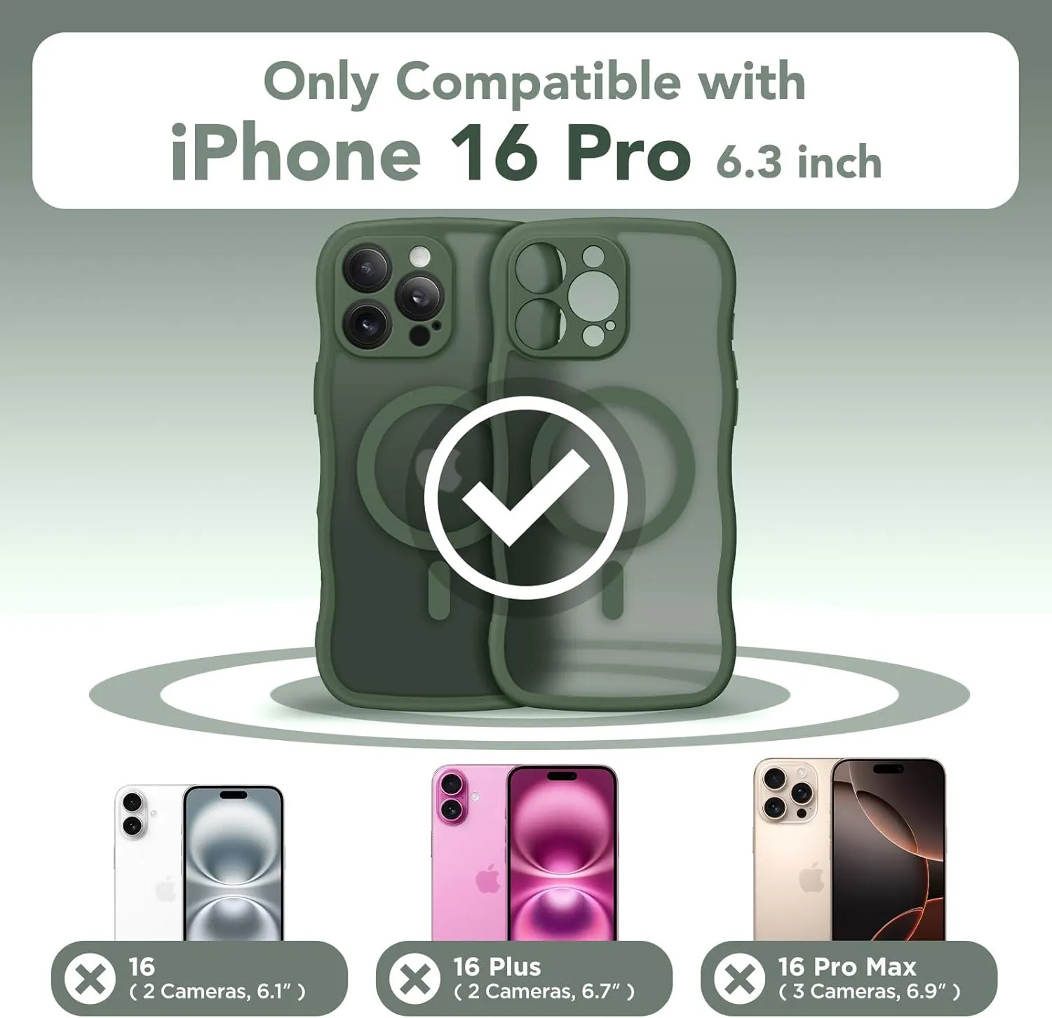 for iPhone 16 Pro Case for Women Girls, Upgraded [Full Camera Protection] [Compatible with MagSafe] Cute Wave Translucent Matte Phone Case for iPhone 16 Pro, Deep Green