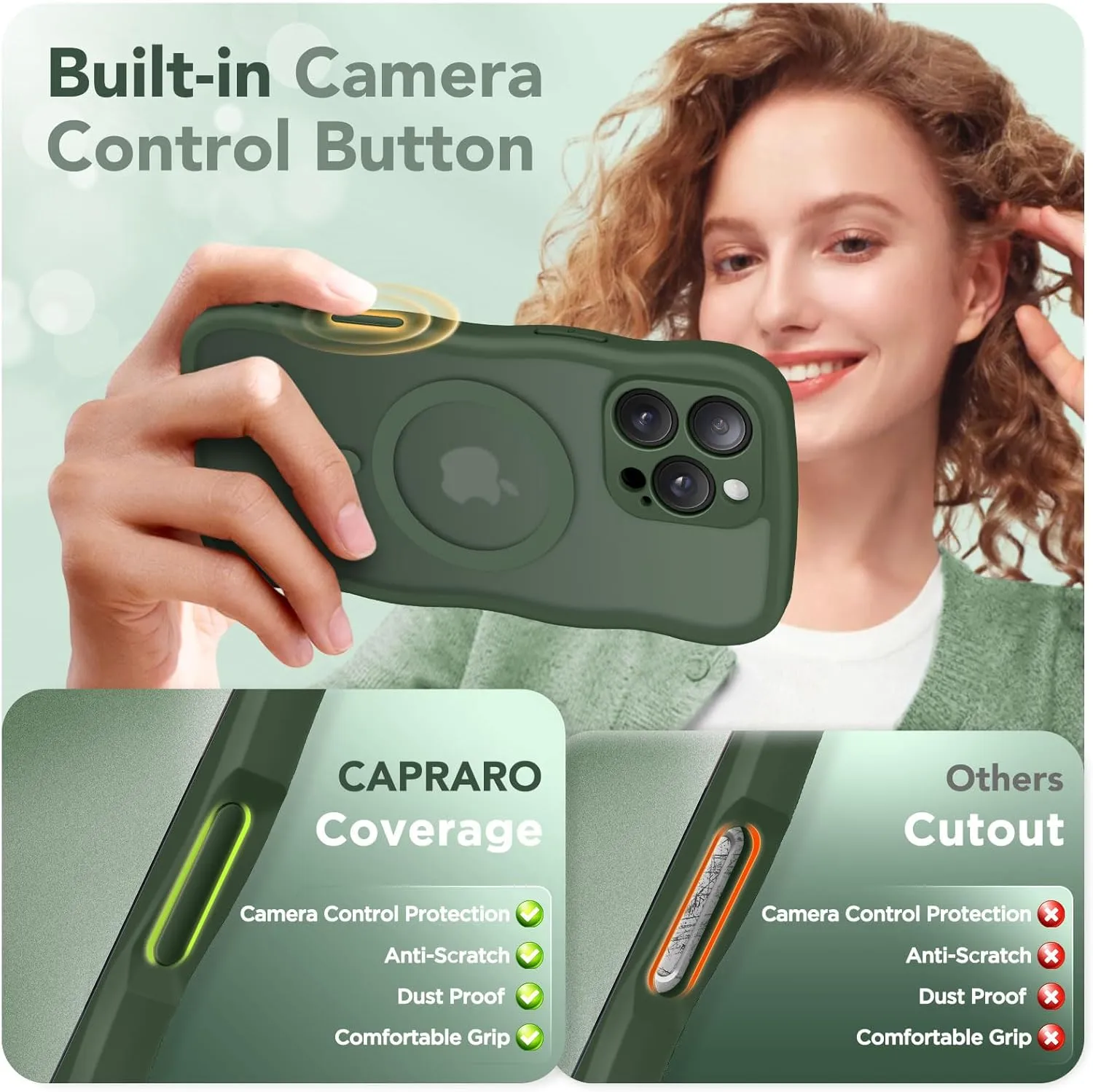 for iPhone 16 Pro Case for Women Girls, Upgraded [Full Camera Protection] [Compatible with MagSafe] Cute Wave Translucent Matte Phone Case for iPhone 16 Pro, Deep Green