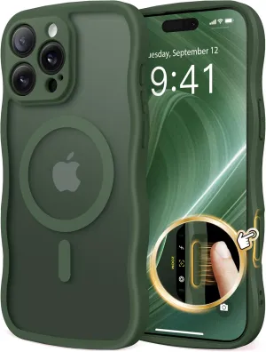 for iPhone 16 Pro Case for Women Girls, Upgraded [Full Camera Protection] [Compatible with MagSafe] Cute Wave Translucent Matte Phone Case for iPhone 16 Pro, Deep Green