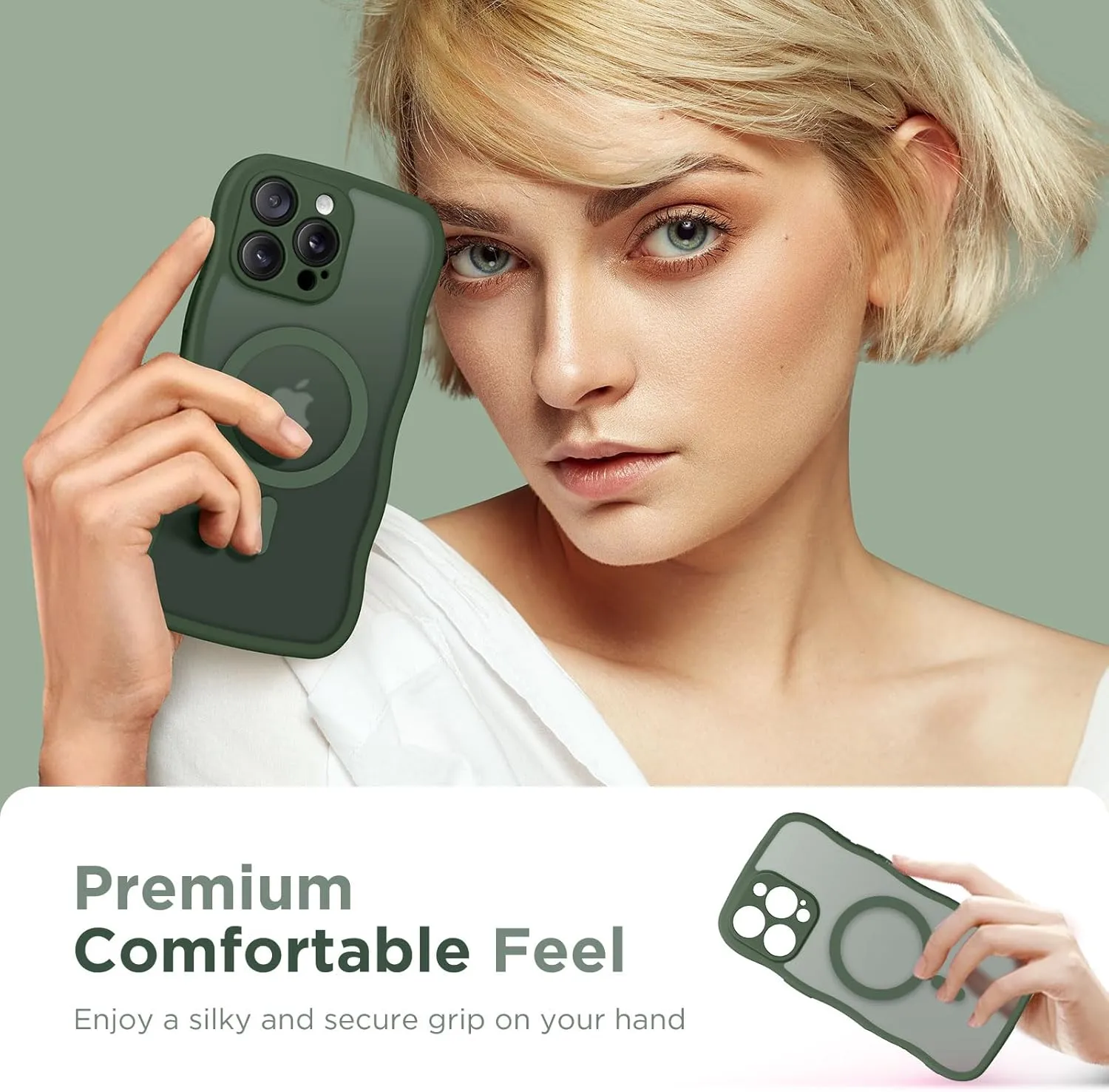 for iPhone 16 Pro Case for Women Girls, Upgraded [Full Camera Protection] [Compatible with MagSafe] Cute Wave Translucent Matte Phone Case for iPhone 16 Pro, Deep Green