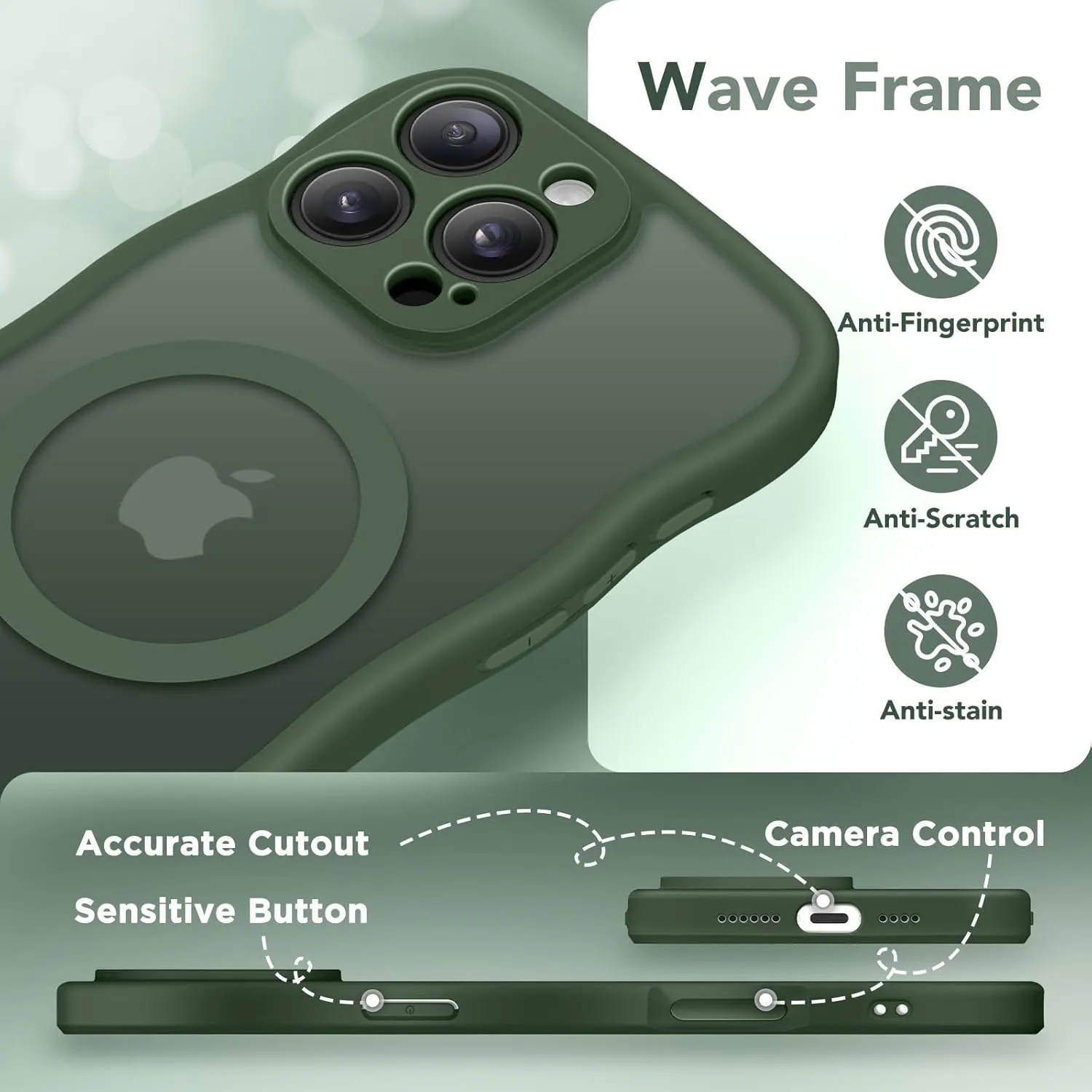 for iPhone 16 Pro Case for Women Girls, Upgraded [Full Camera Protection] [Compatible with MagSafe] Cute Wave Translucent Matte Phone Case for iPhone 16 Pro, Deep Green