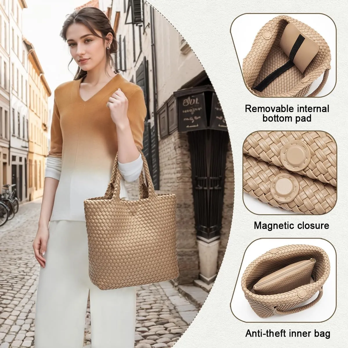 FOXLOVER Woven Tote Bag for Women Large Vegan Leather Top Handle Handbag purse Includes Inner Bag