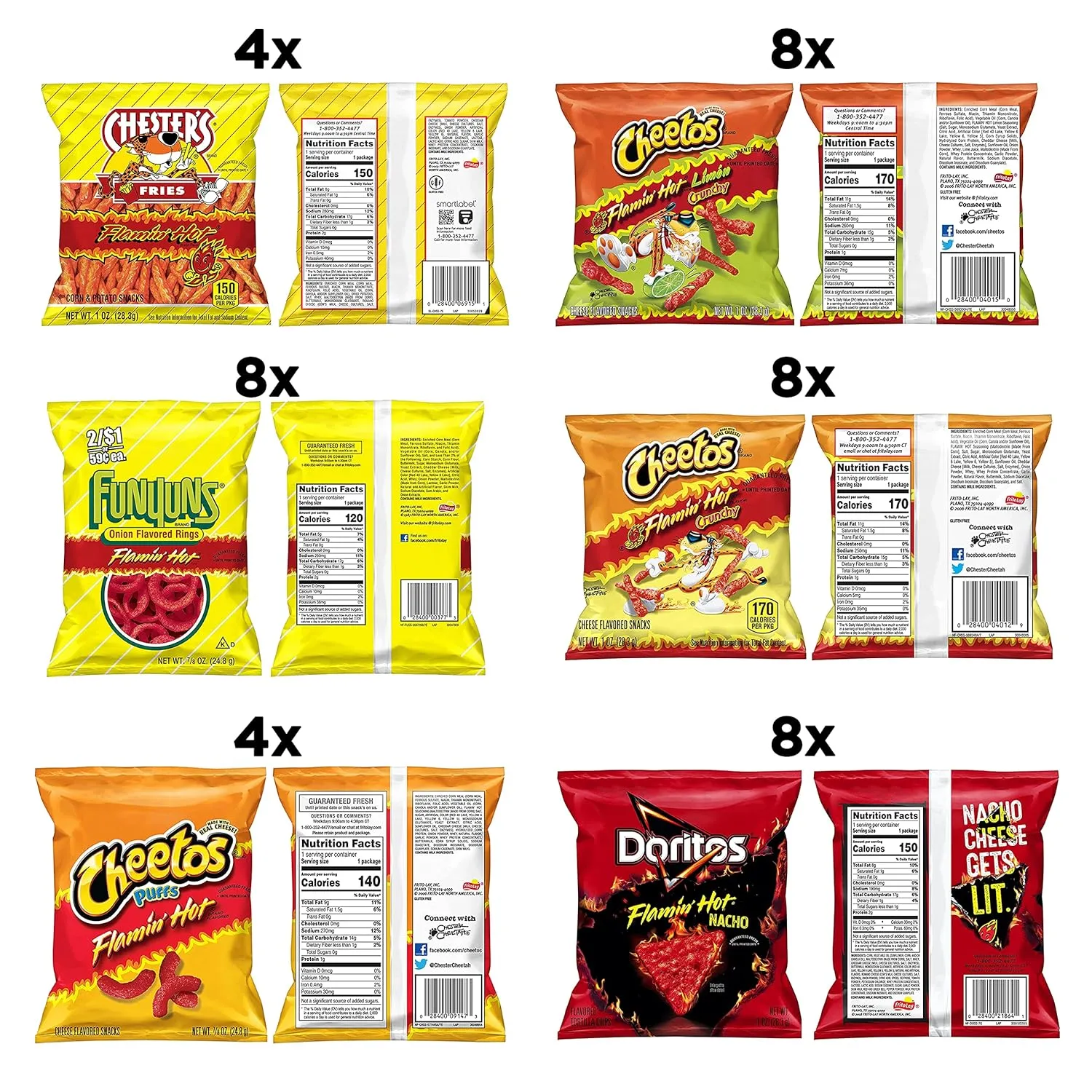 Frito Lay Flamin' Hot Mix, 6 Flavor Single Serve Cheetos, Doritos, Chester's & Funyuns Variety Pack, 40 Count (Pack of 2)