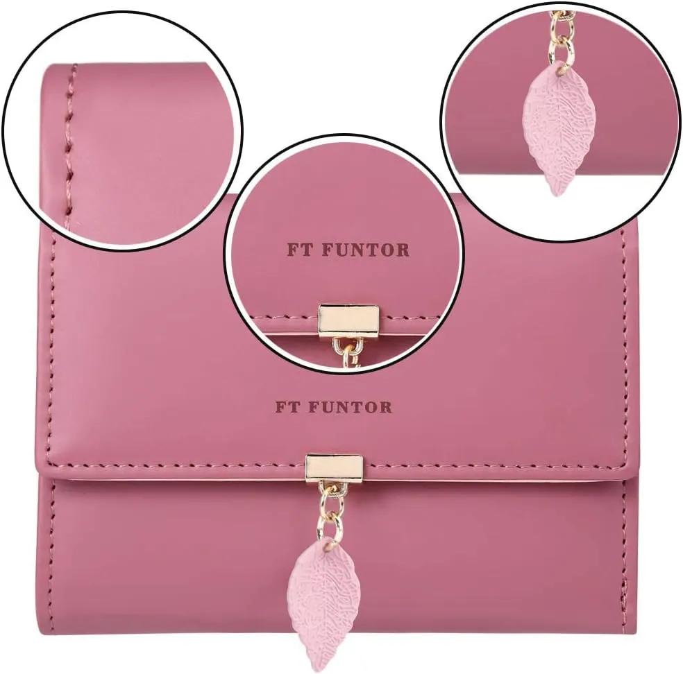 FT FUNTOR RFID Wallets for Women, Leaf Card Holder Trifold Ladies Wallets Coins Zipper Pocket with ID Window Deep Pink