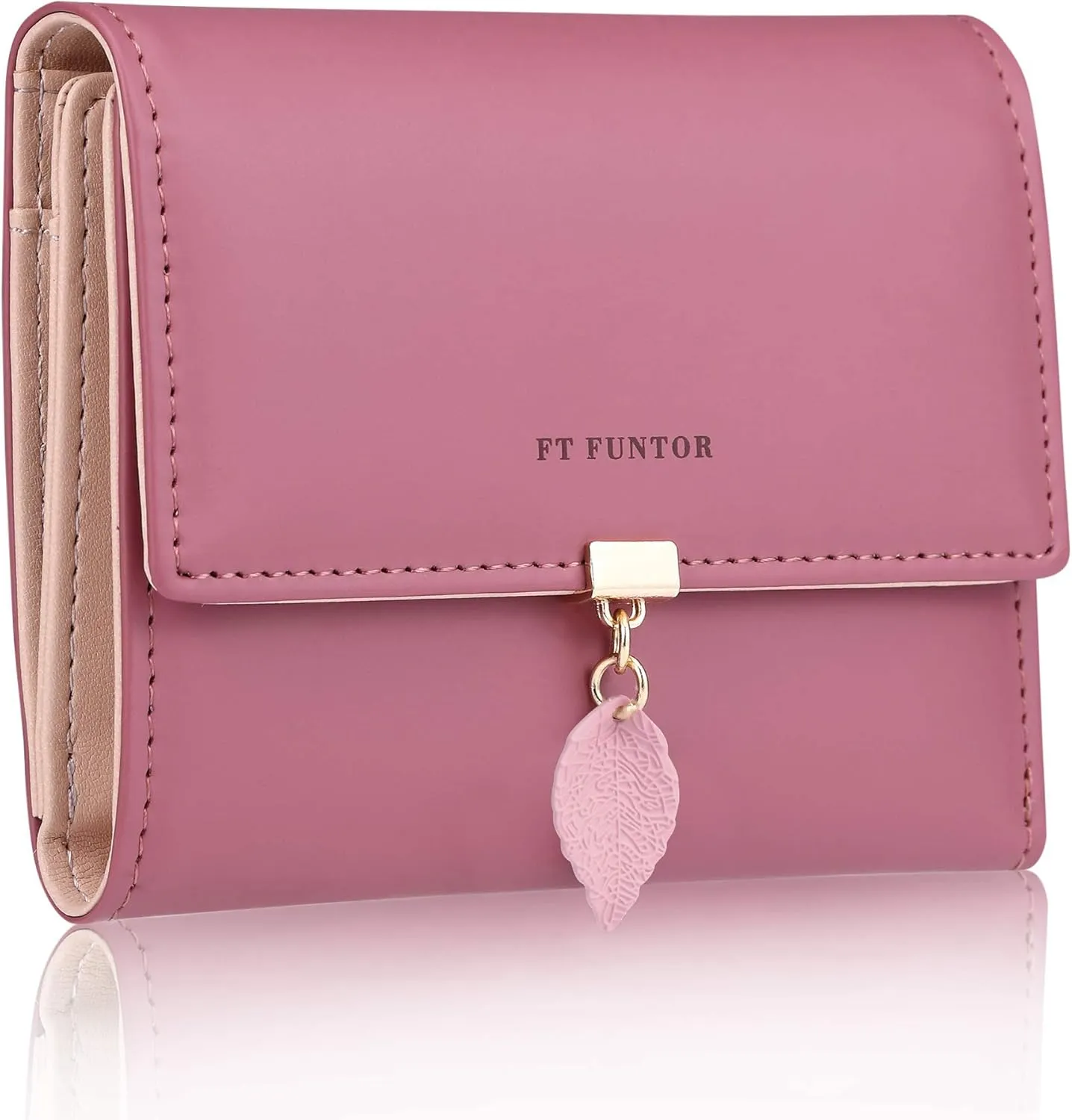 FT FUNTOR RFID Wallets for Women, Leaf Card Holder Trifold Ladies Wallets Coins Zipper Pocket with ID Window Deep Pink