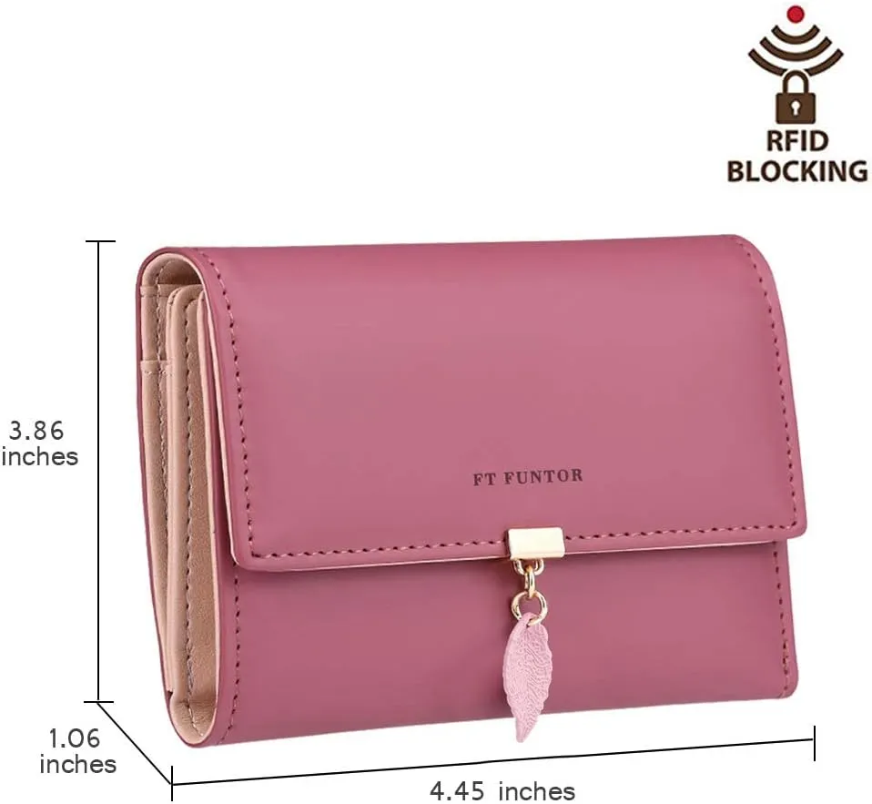 FT FUNTOR RFID Wallets for Women, Leaf Card Holder Trifold Ladies Wallets Coins Zipper Pocket with ID Window Deep Pink