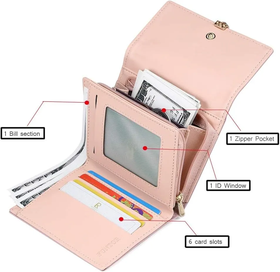 FT FUNTOR RFID Wallets for Women, Leaf Card Holder Trifold Ladies Wallets Coins Zipper Pocket with ID Window Deep Pink