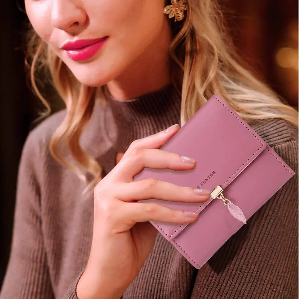 FT FUNTOR RFID Wallets for Women, Leaf Card Holder Trifold Ladies Wallets Coins Zipper Pocket with ID Window Deep Pink