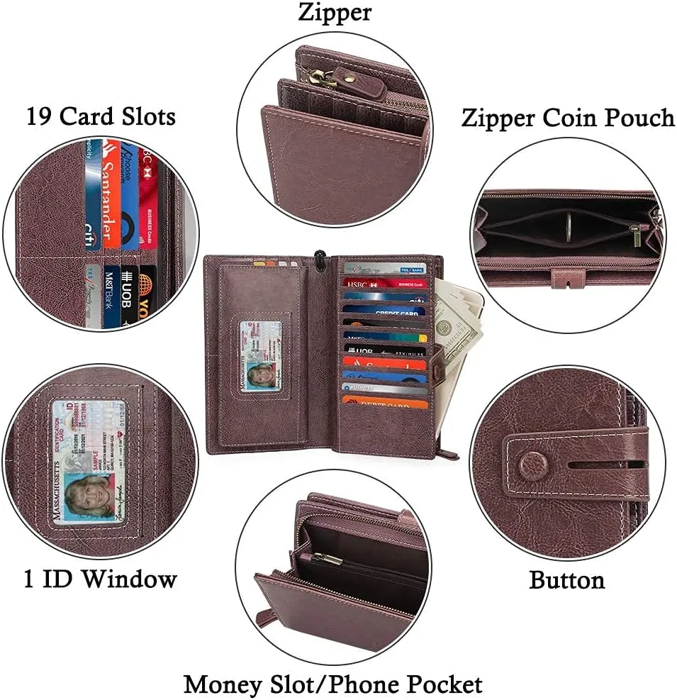 FT FUNTOR Women's Big Fat RFID Blocking Wallet Leather Zip Around Clutch Large Phone Organizer Wristlet