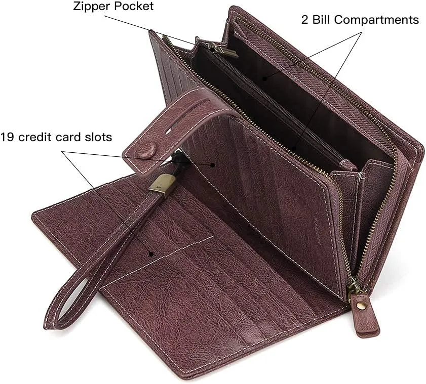 FT FUNTOR Women's Big Fat RFID Blocking Wallet Leather Zip Around Clutch Large Phone Organizer Wristlet