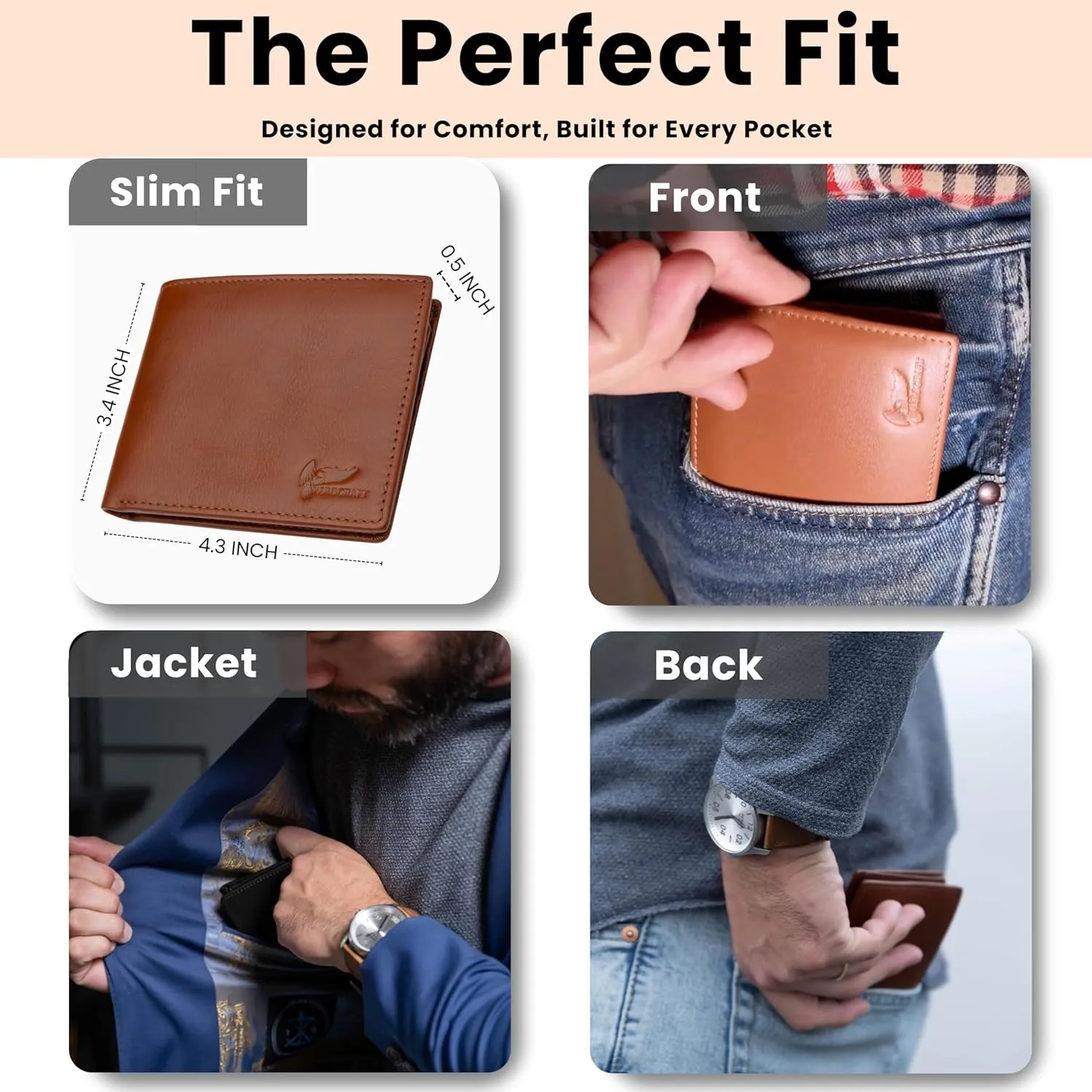 Full Grain Leather Wallet for Men - Mens Bifold Wallet RFID Blocking with Extra Capacity 10 Cards Slots with 2 ID Windows - Minimalist Mens Billfold Wallet - Mens Wallet with Gift Box - Light Brown