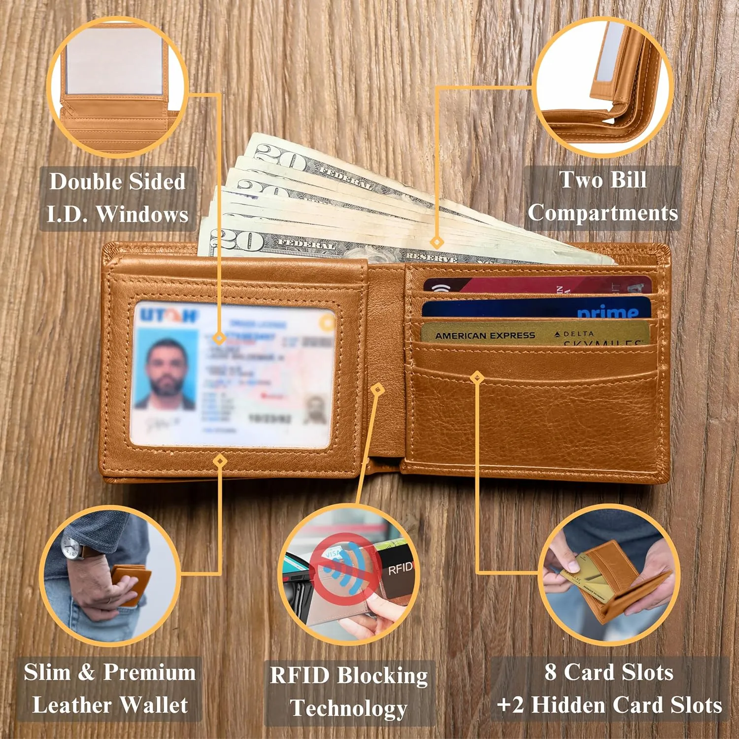 Full Grain Leather Wallet for Men - Mens Bifold Wallet RFID Blocking with Extra Capacity 10 Cards Slots with 2 ID Windows - Minimalist Mens Billfold Wallet - Mens Wallet with Gift Box - Light Brown