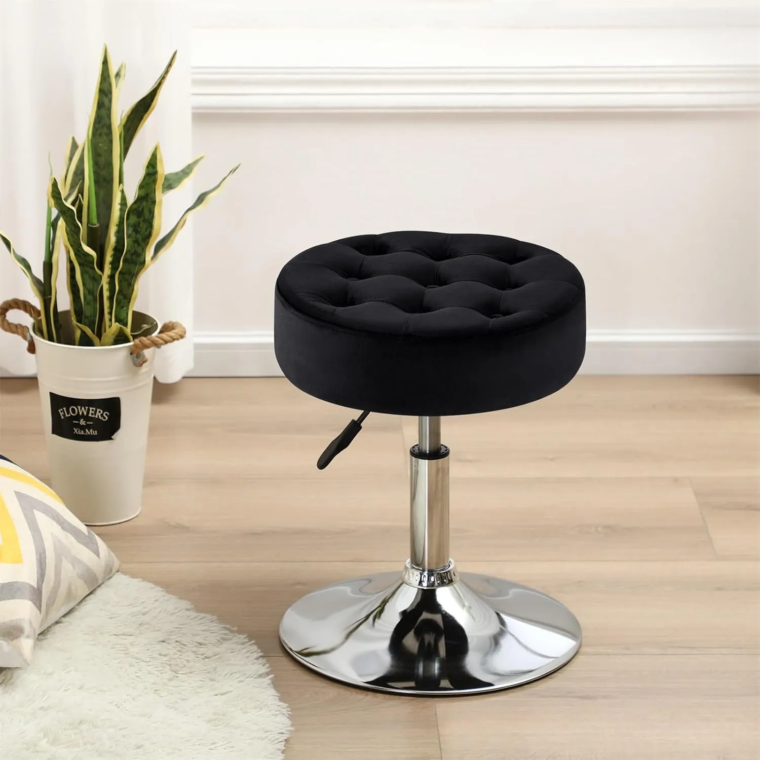Furnimart Black Vanity Stool Modern Round Velvet Vanity Ottoman Stool, Contemporary Makeup Accent Stool for Bedroom Living Room Entryway