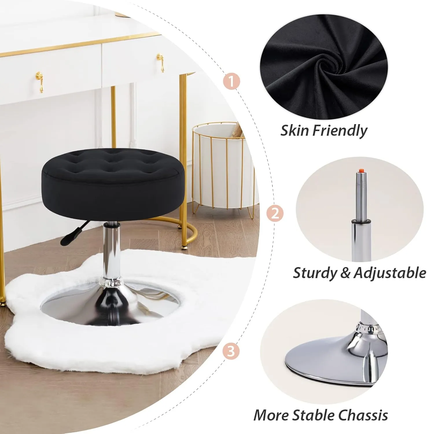 Furnimart Black Vanity Stool Modern Round Velvet Vanity Ottoman Stool, Contemporary Makeup Accent Stool for Bedroom Living Room Entryway