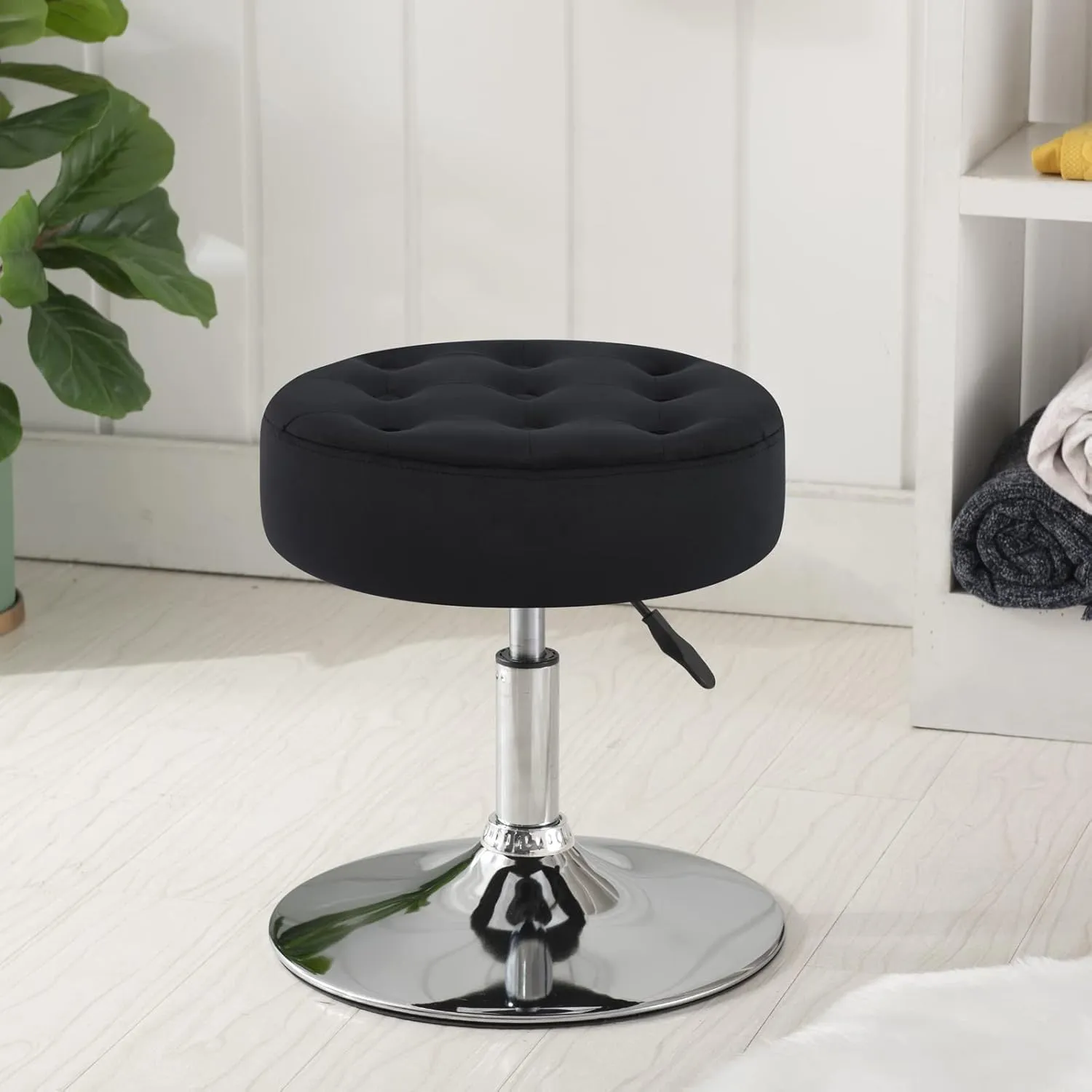 Furnimart Black Vanity Stool Modern Round Velvet Vanity Ottoman Stool, Contemporary Makeup Accent Stool for Bedroom Living Room Entryway