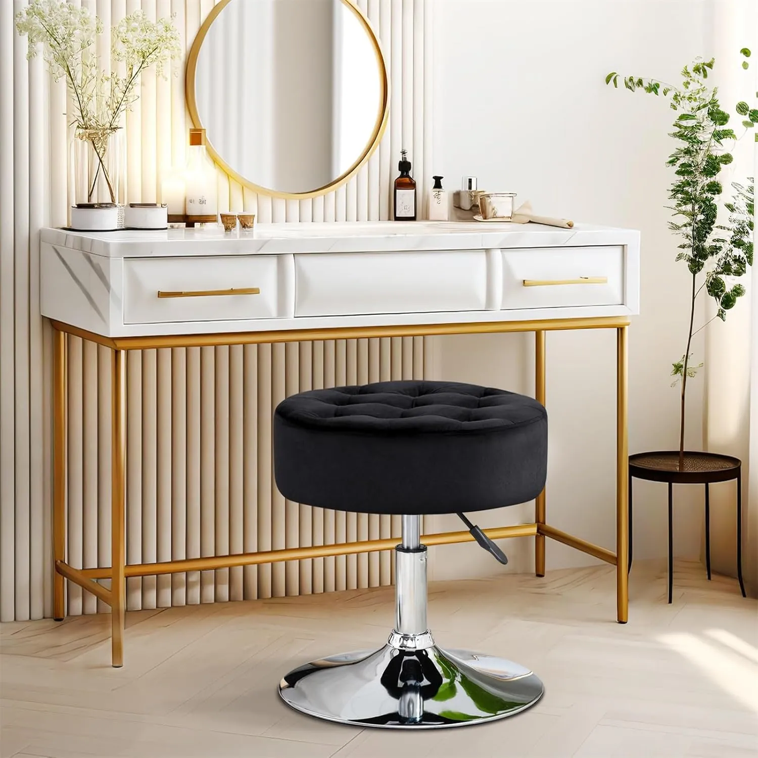 Furnimart Black Vanity Stool Modern Round Velvet Vanity Ottoman Stool, Contemporary Makeup Accent Stool for Bedroom Living Room Entryway
