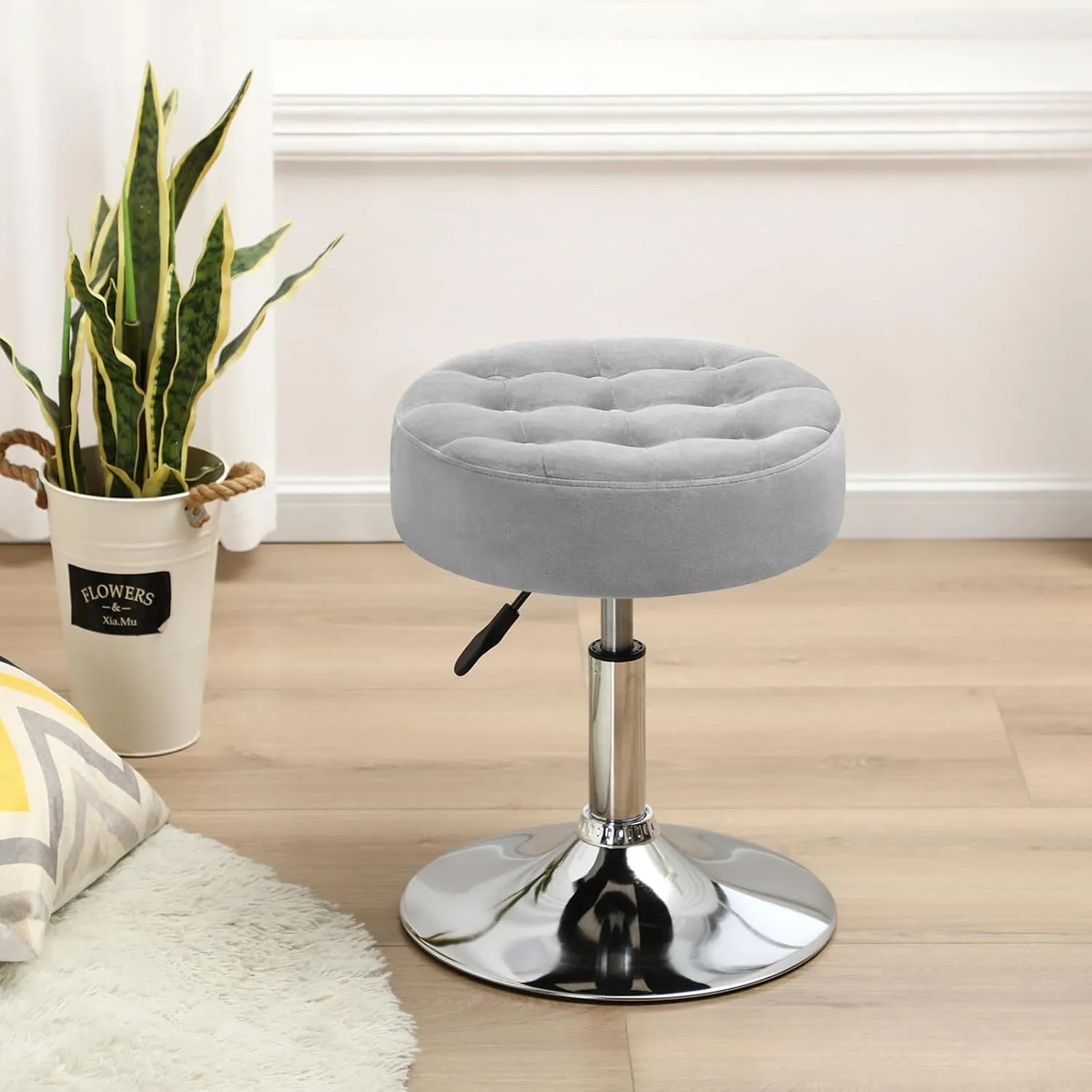 Furnimart Modern Round Velvet Vanity Ottoman Stool, Contemporary Makeup Accent Stool for Bedroom Living Room Entryway
