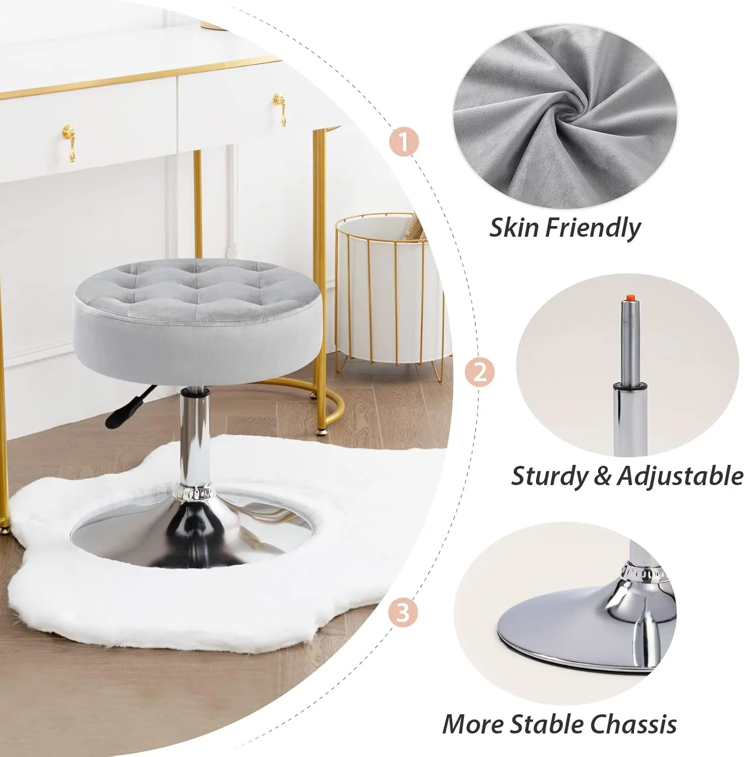 Furnimart Modern Round Velvet Vanity Ottoman Stool, Contemporary Makeup Accent Stool for Bedroom Living Room Entryway