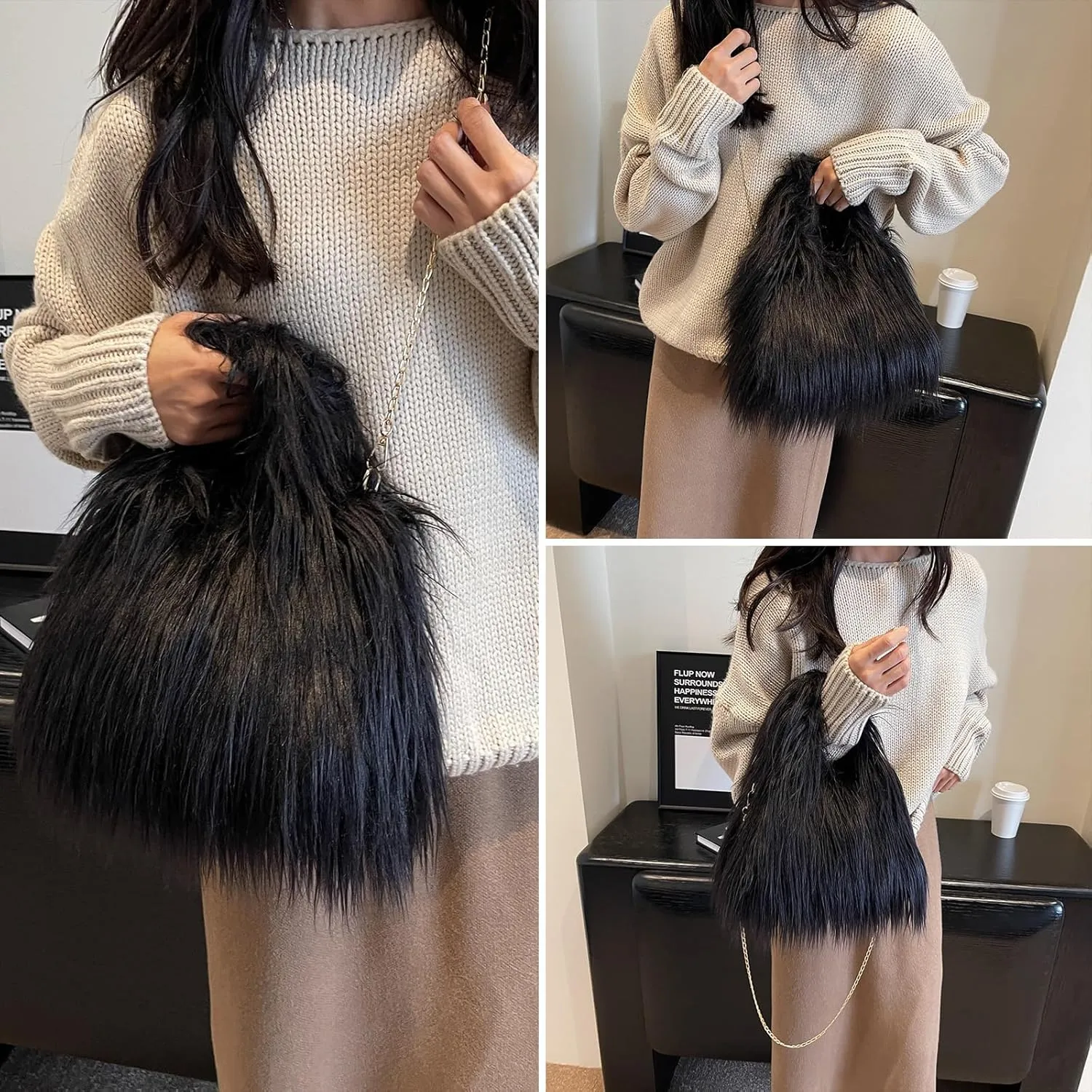 Furry Purse for Women, Faux Fur Bag Y2k Purse Fluffy Tote Bag Fuzzy Crossbody Handbags