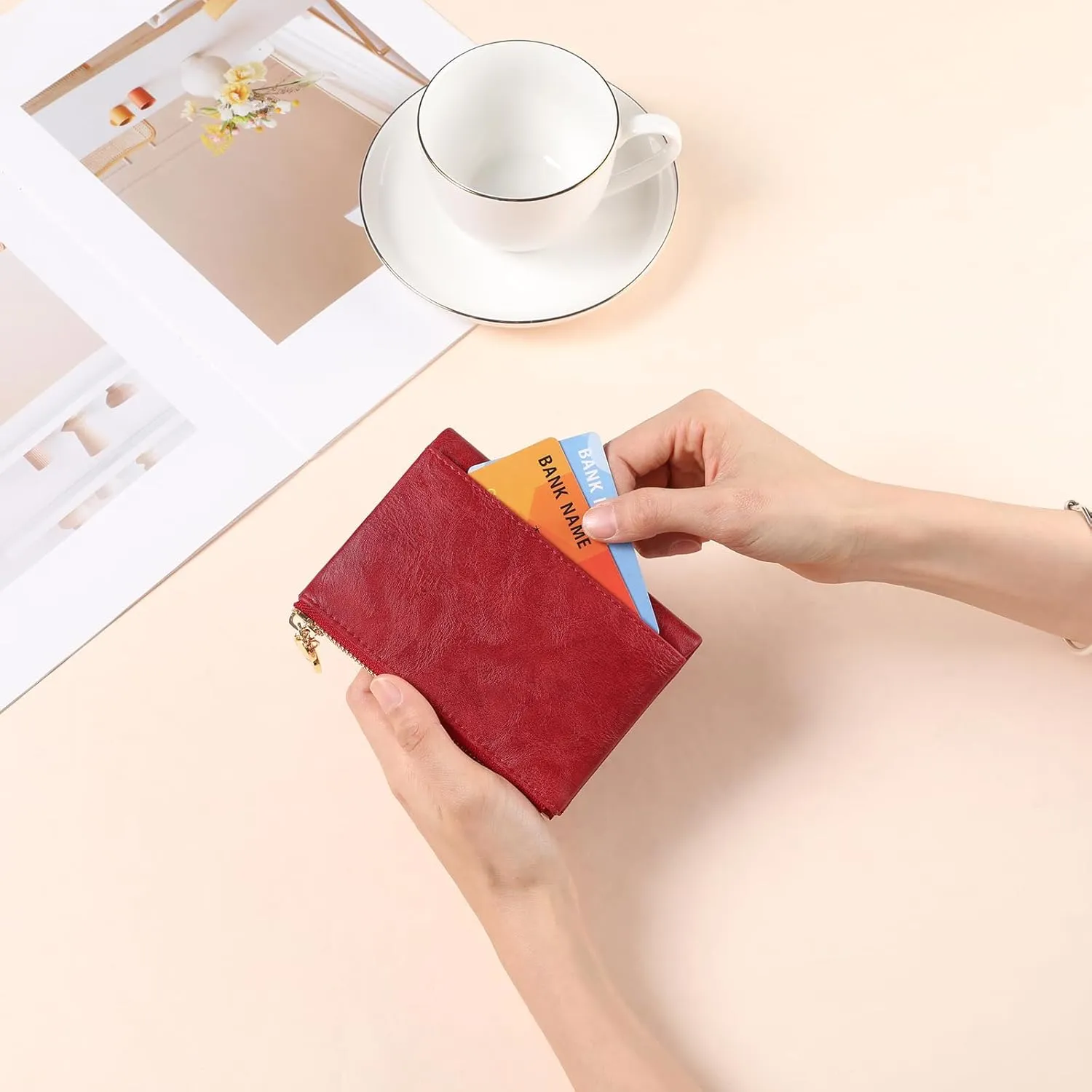 GAEKEAO Small Wallets for Women Leather RFID Blocking Bifold Double Zipper Pockets Wallet Card Case Purse with 2 ID Windows