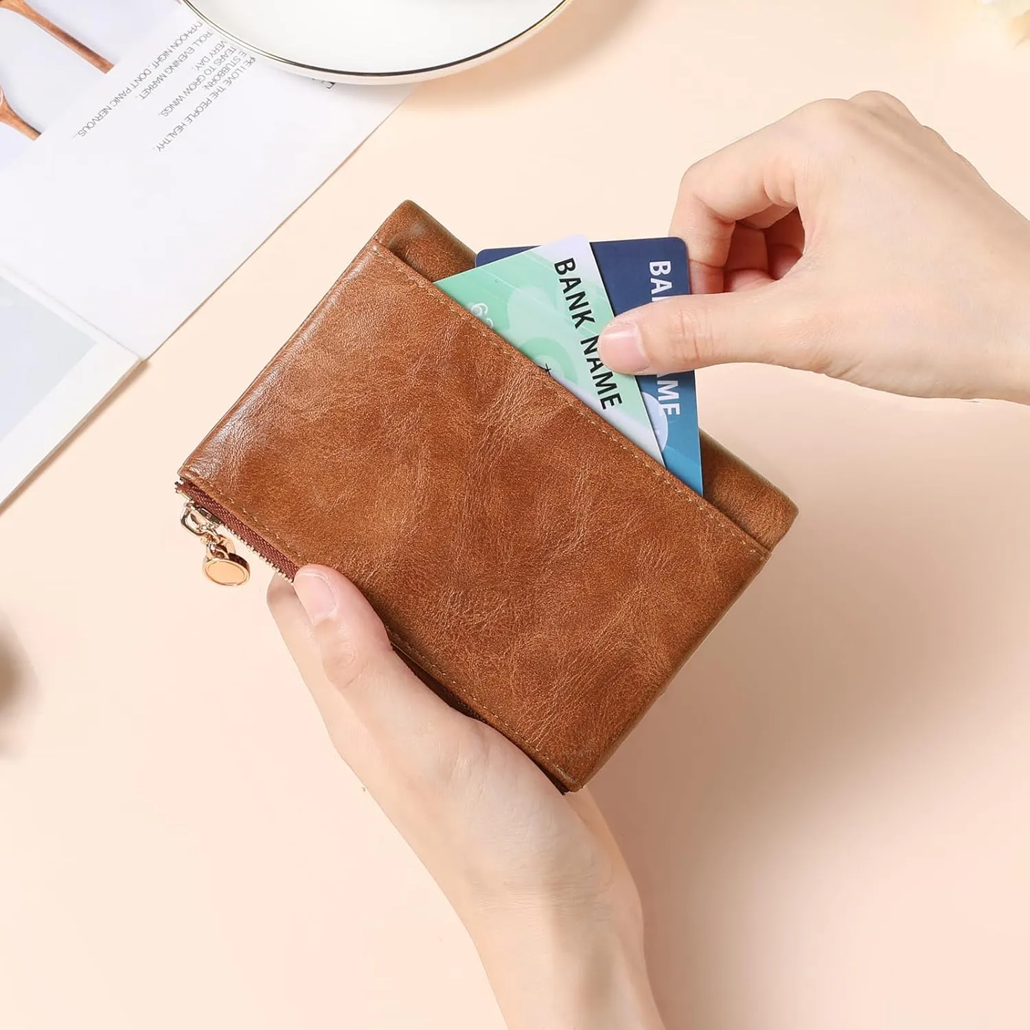GAEKEAO Small Wallets for Women Leather RFID Blocking Bifold Double Zipper Pockets Wallet Card Case Purse with 2 ID Windows