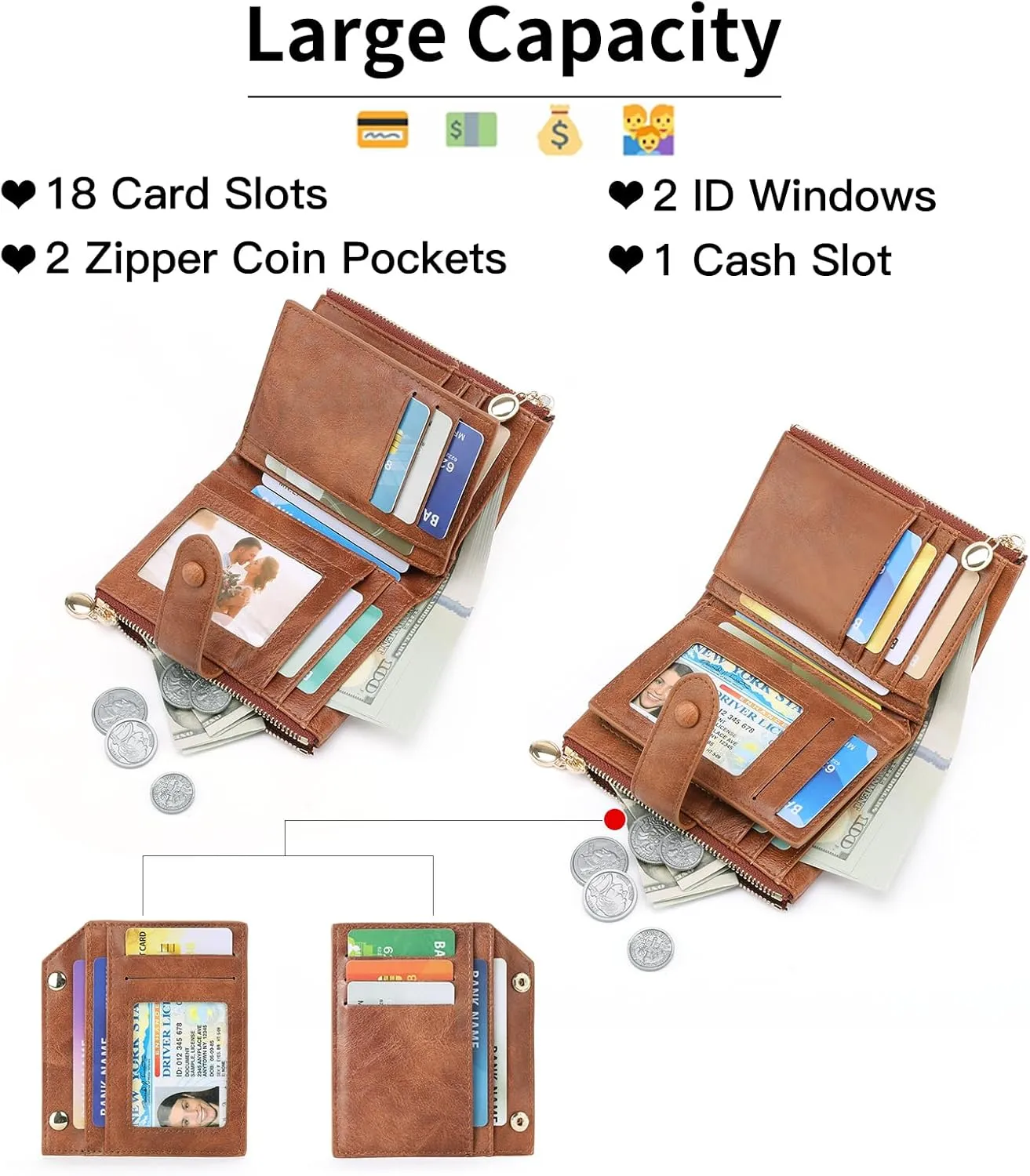 GAEKEAO Small Wallets for Women Leather RFID Blocking Bifold Double Zipper Pockets Wallet Card Case Purse with 2 ID Windows