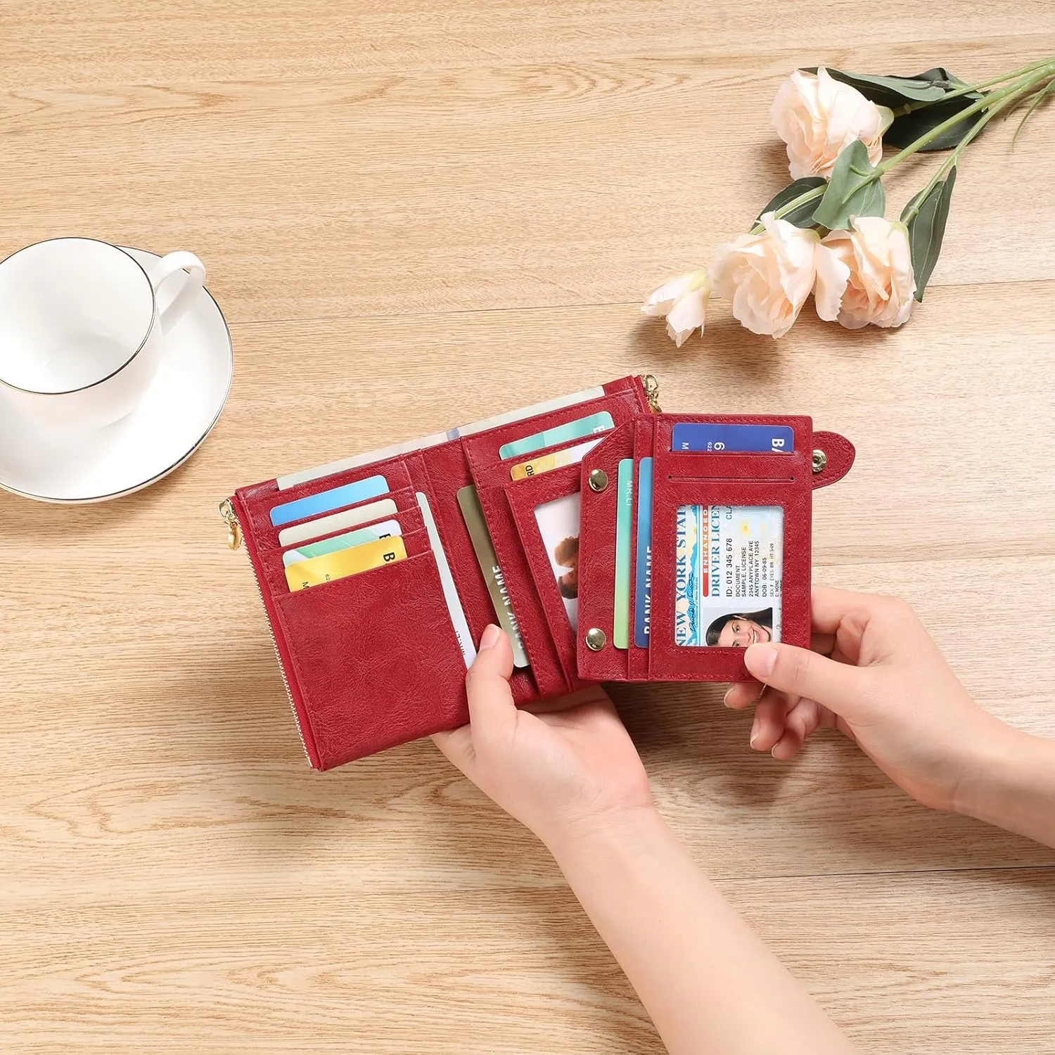 GAEKEAO Small Wallets for Women Leather RFID Blocking Bifold Double Zipper Pockets Wallet Card Case Purse with 2 ID Windows
