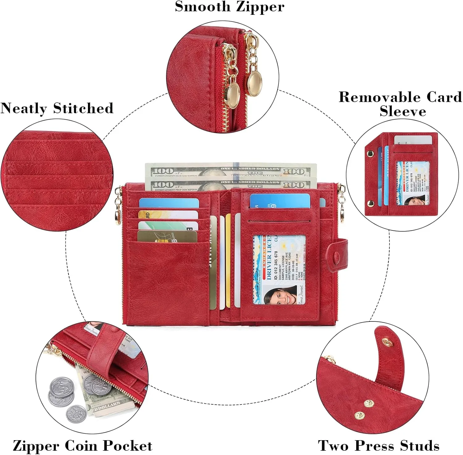 GAEKEAO Small Wallets for Women Leather RFID Blocking Bifold Double Zipper Pockets Wallet Card Case Purse with 2 ID Windows