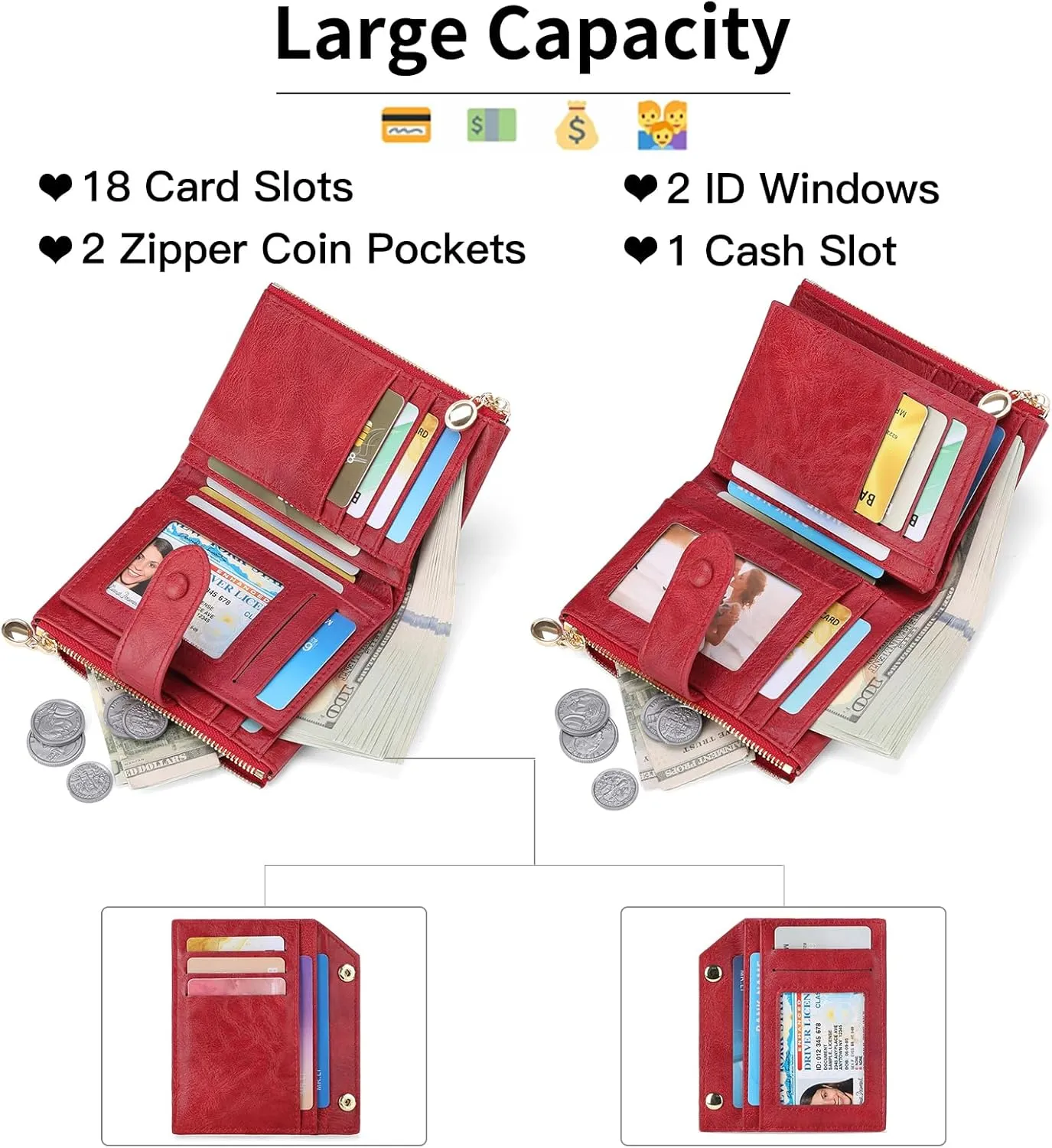 GAEKEAO Small Wallets for Women Leather RFID Blocking Bifold Double Zipper Pockets Wallet Card Case Purse with 2 ID Windows