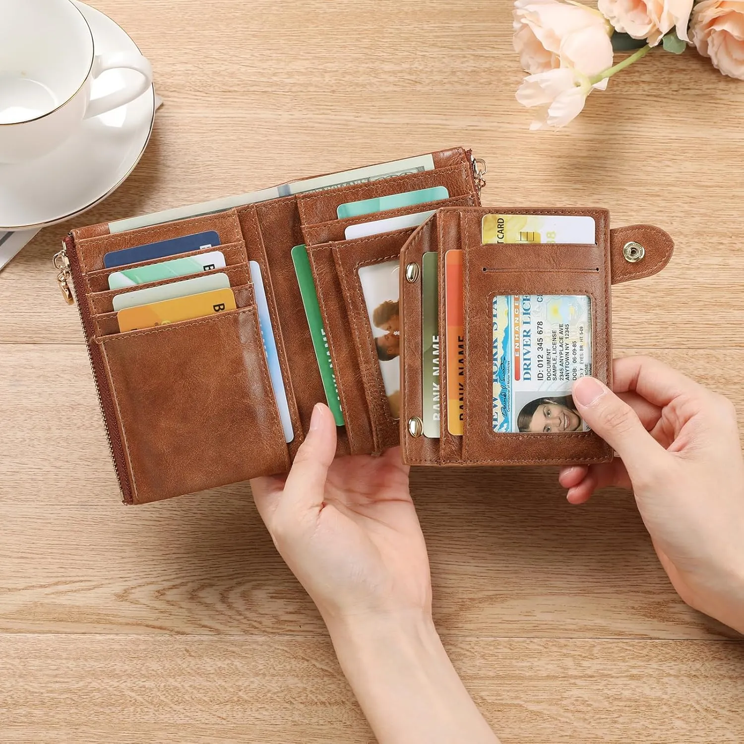 GAEKEAO Small Wallets for Women Leather RFID Blocking Bifold Double Zipper Pockets Wallet Card Case Purse with 2 ID Windows