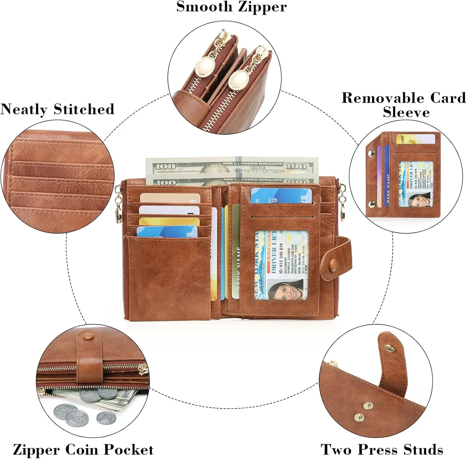 GAEKEAO Small Wallets for Women Leather RFID Blocking Bifold Double Zipper Pockets Wallet Card Case Purse with 2 ID Windows