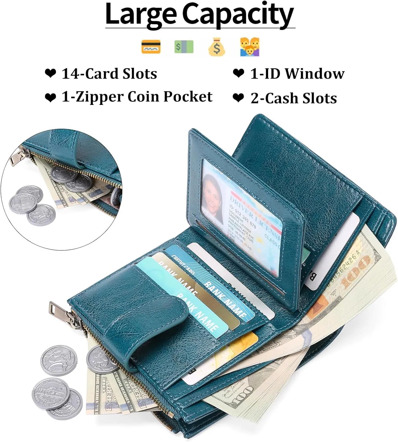 GAEKEAO Small Wallets for Women Leather RFID Blocking Bifold Zipper Pocket Wallet Card Case Purse with ID Window
