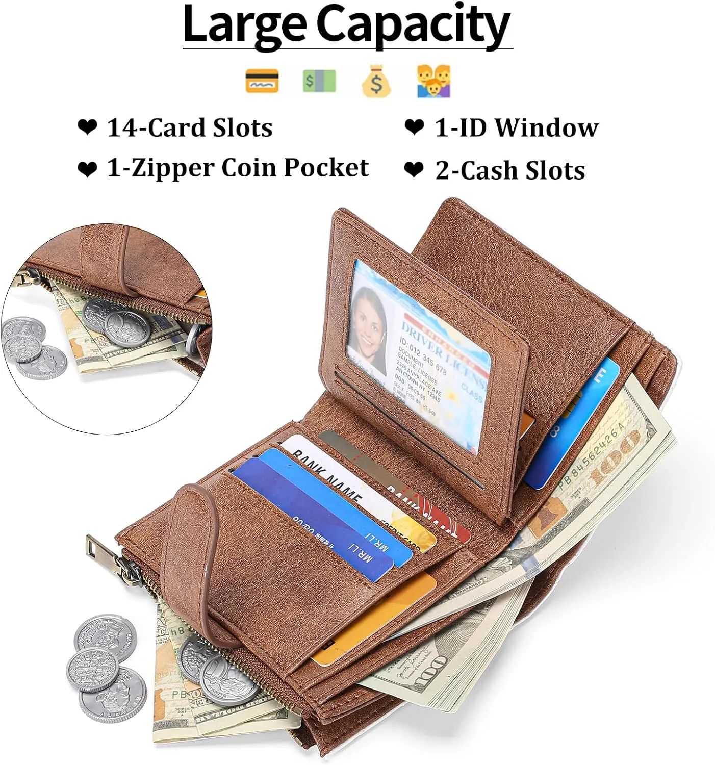 GAEKEAO Small Wallets for Women Leather RFID Blocking Bifold Zipper Pocket Wallet Card Case Purse with ID Window