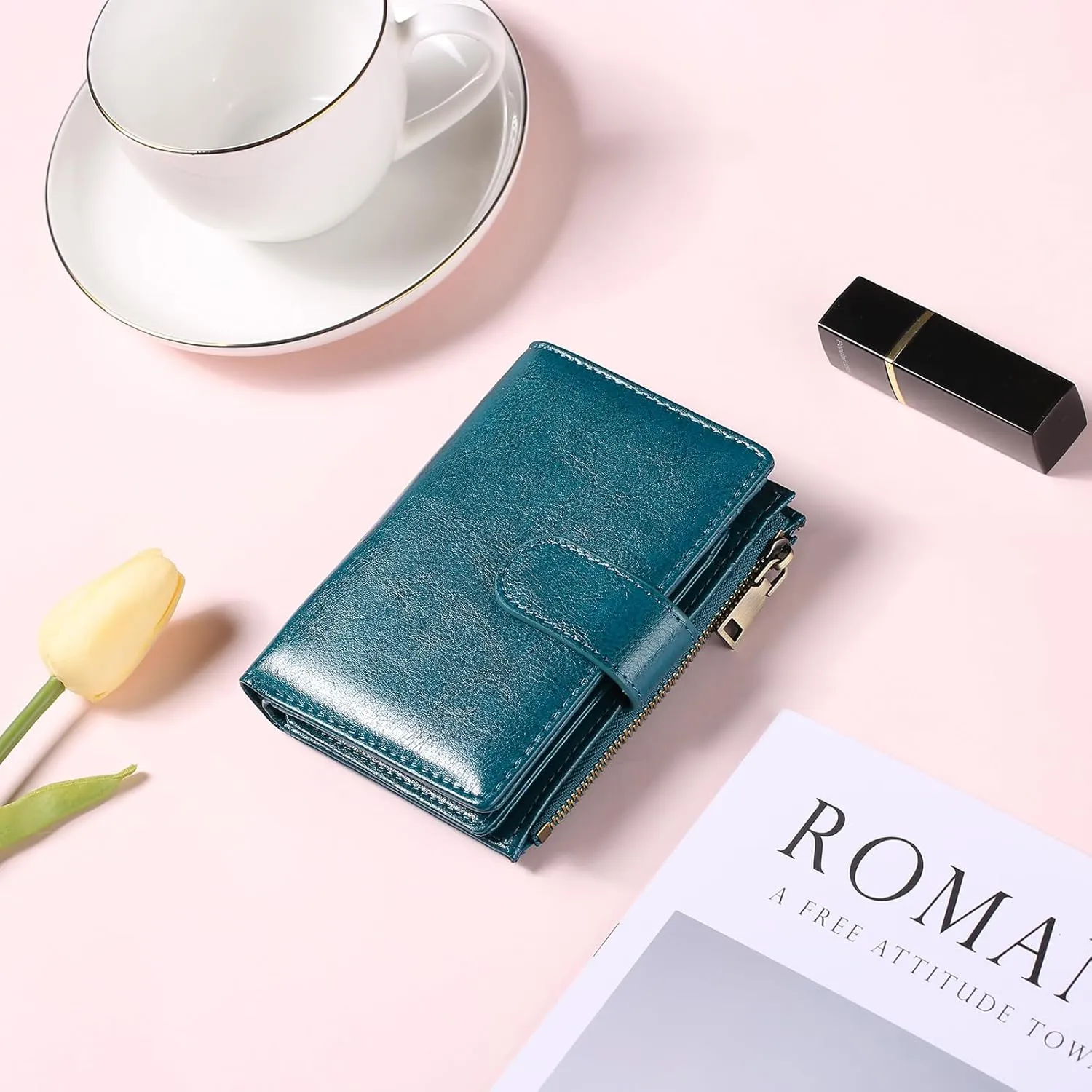 GAEKEAO Small Wallets for Women Leather RFID Blocking Bifold Zipper Pocket Wallet Card Case Purse with ID Window