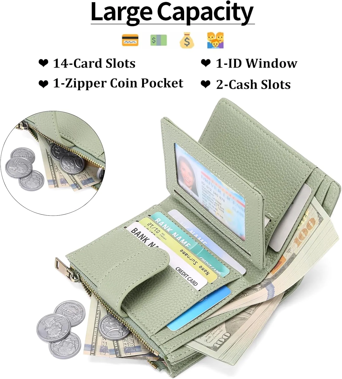 GAEKEAO Small Wallets for Women Leather RFID Blocking Bifold Zipper Pocket Wallet Card Case Purse with ID Window