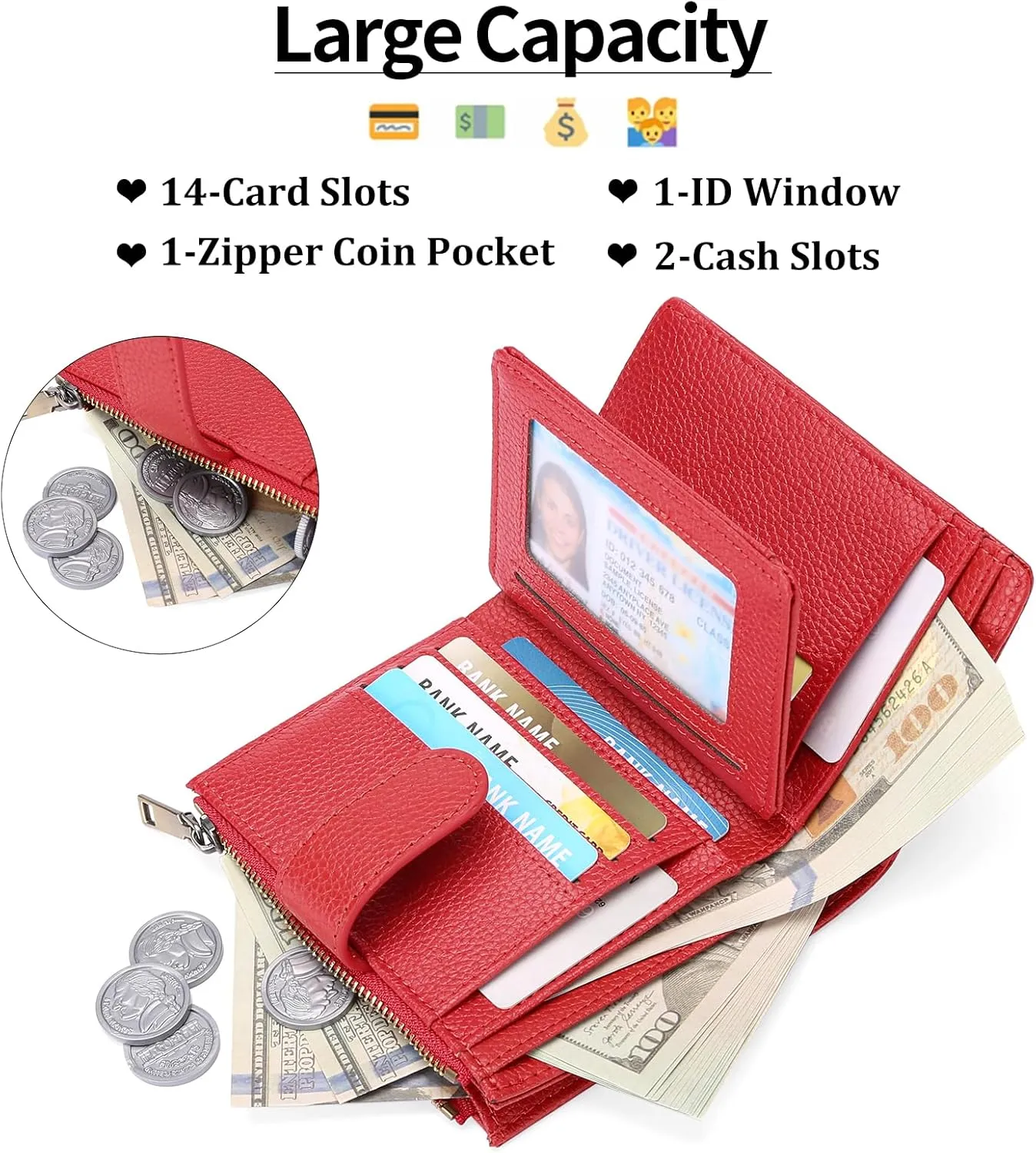 GAEKEAO Small Wallets for Women Leather RFID Blocking Bifold Zipper Pocket Wallet Card Case Purse with ID Window