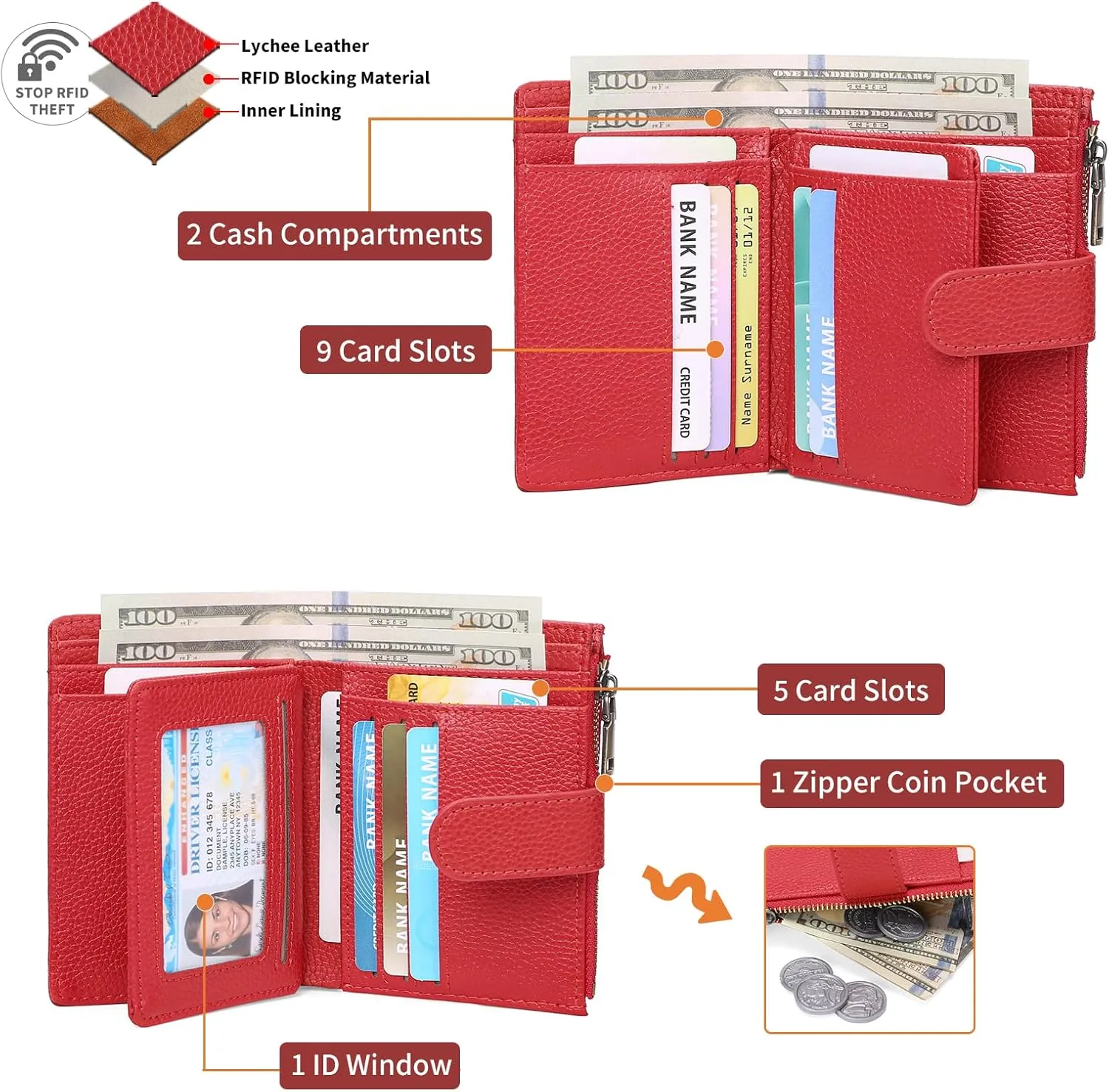 GAEKEAO Small Wallets for Women Leather RFID Blocking Bifold Zipper Pocket Wallet Card Case Purse with ID Window
