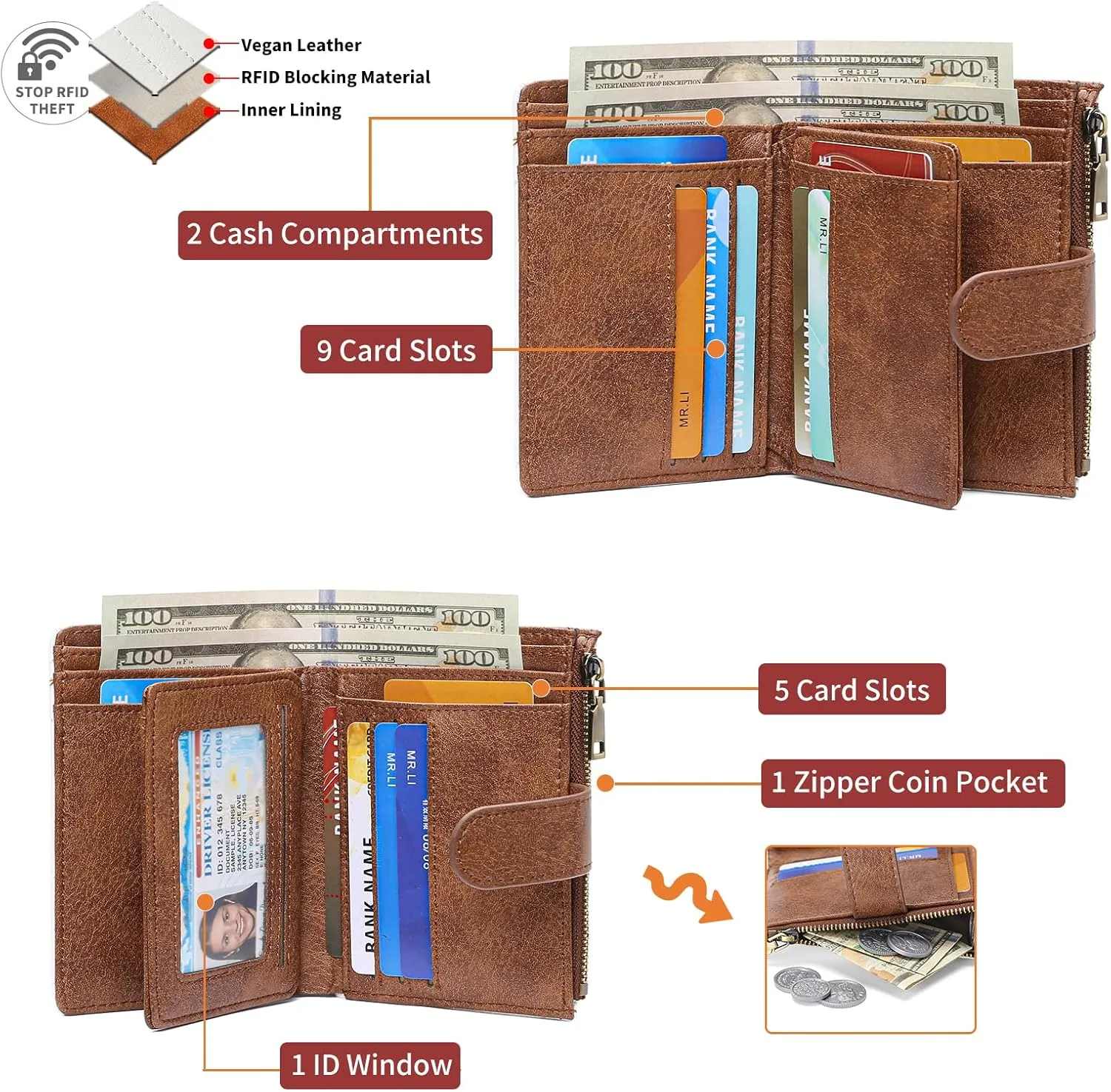 GAEKEAO Small Wallets for Women Leather RFID Blocking Bifold Zipper Pocket Wallet Card Case Purse with ID Window