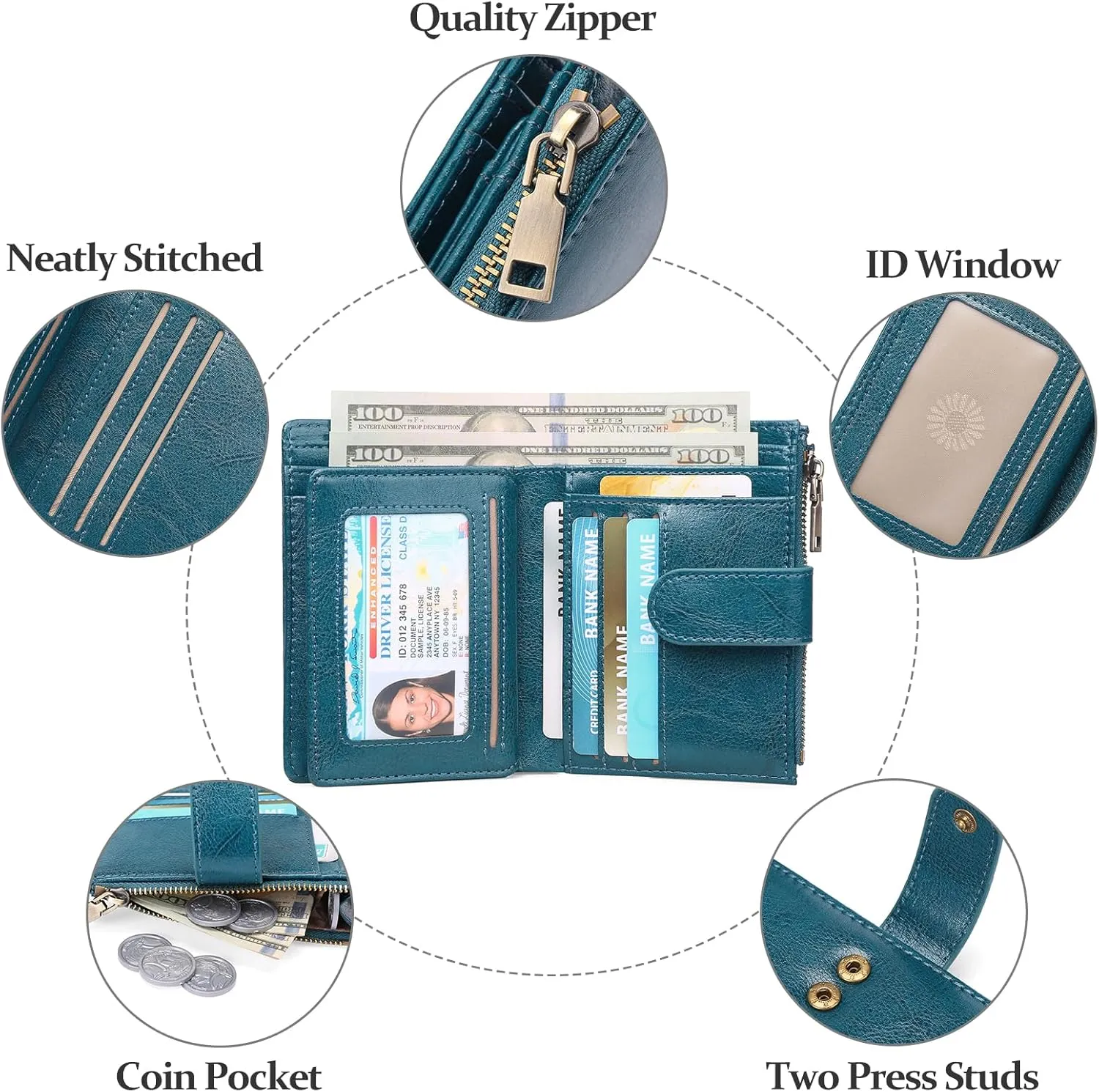 GAEKEAO Small Wallets for Women Leather RFID Blocking Bifold Zipper Pocket Wallet Card Case Purse with ID Window