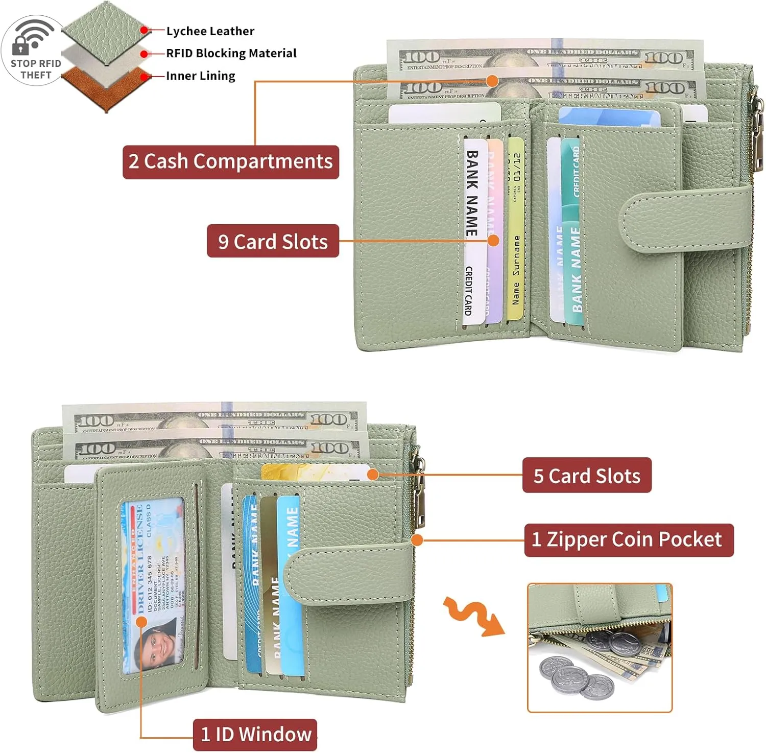 GAEKEAO Small Wallets for Women Leather RFID Blocking Bifold Zipper Pocket Wallet Card Case Purse with ID Window