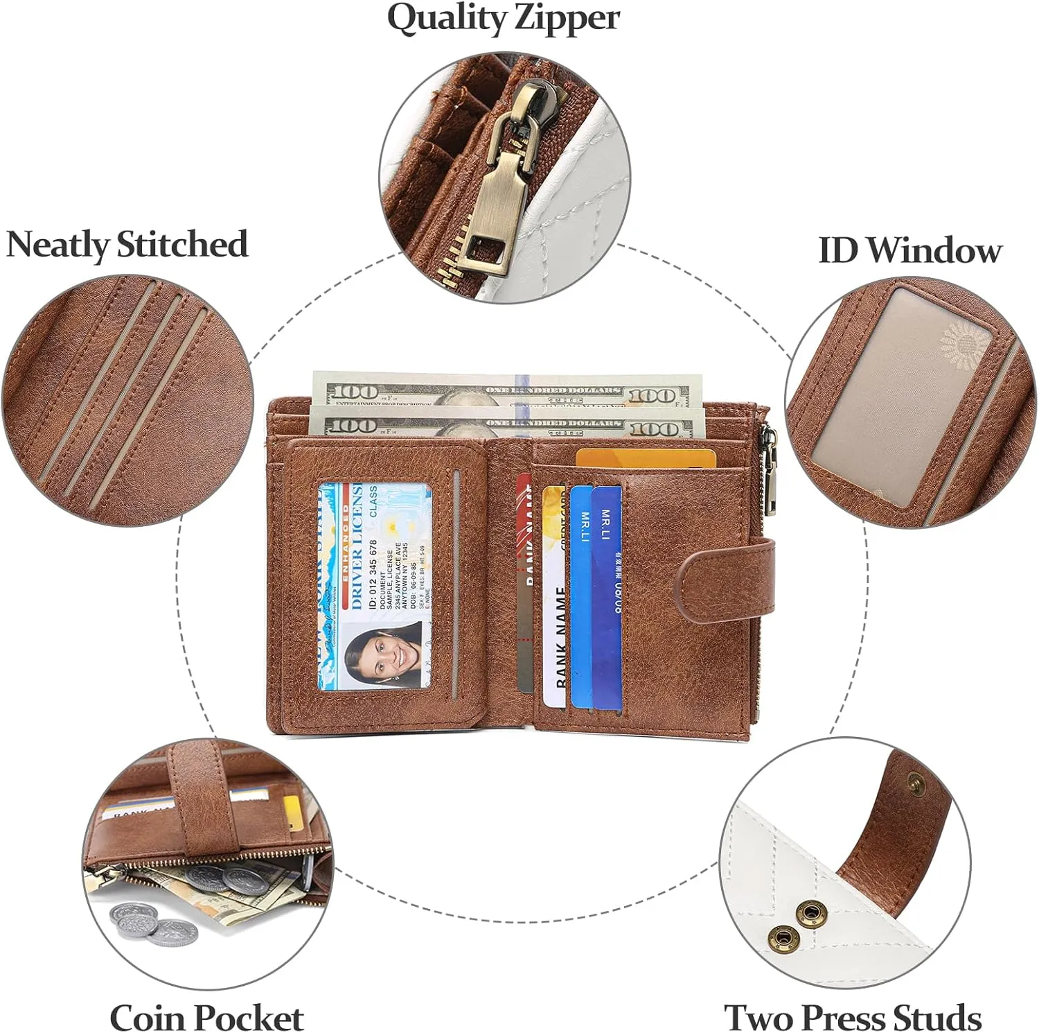 GAEKEAO Small Wallets for Women Leather RFID Blocking Bifold Zipper Pocket Wallet Card Case Purse with ID Window