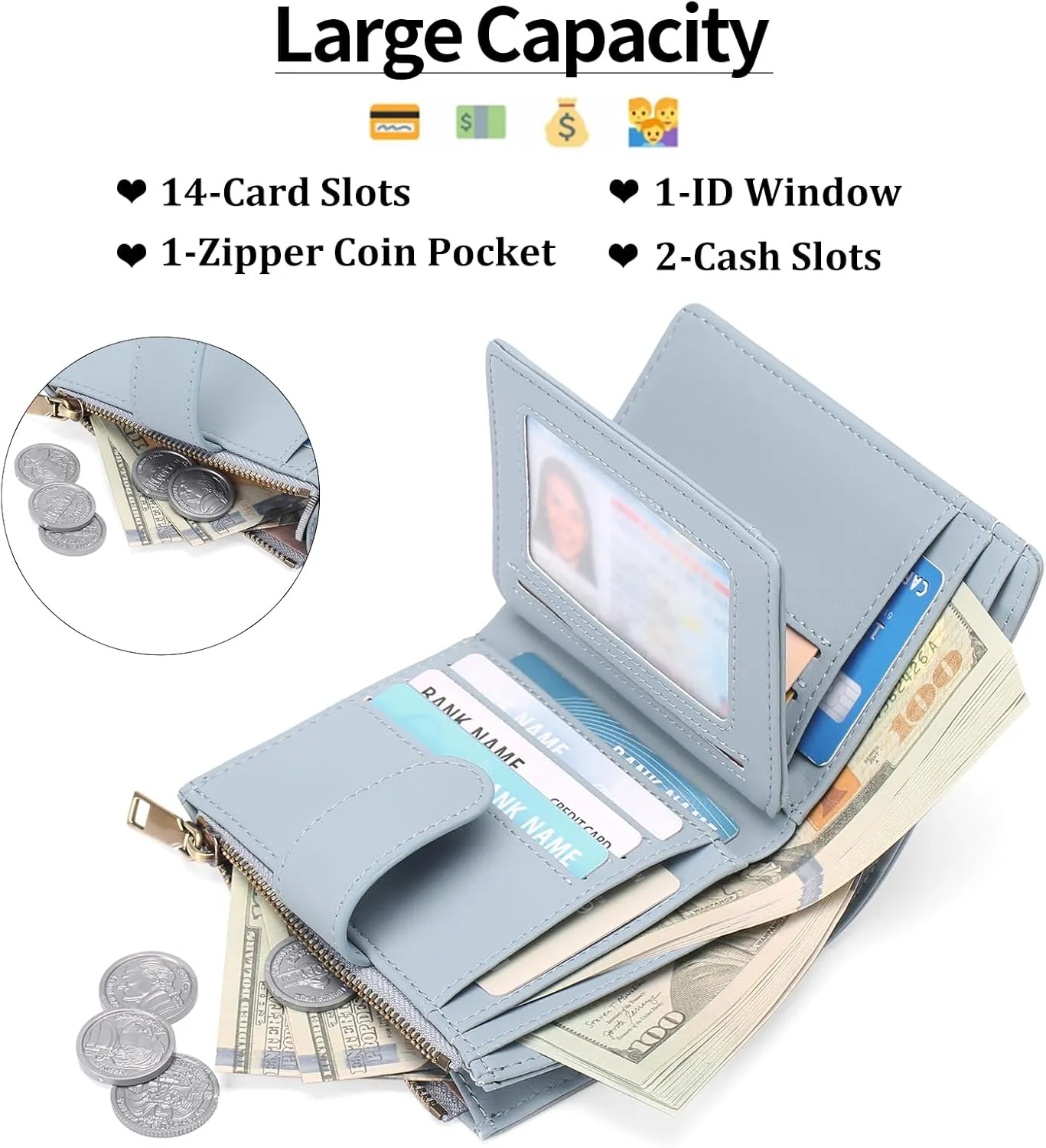 GAEKEAO Small Wallets for Women Leather RFID Blocking Bifold Zipper Pocket Wallet Card Case Purse with ID Window