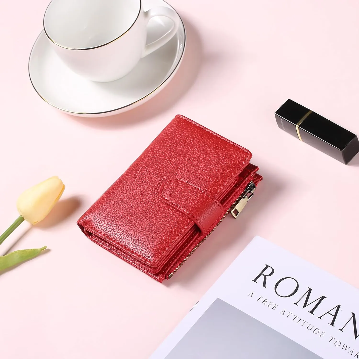GAEKEAO Small Wallets for Women Leather RFID Blocking Bifold Zipper Pocket Wallet Card Case Purse with ID Window