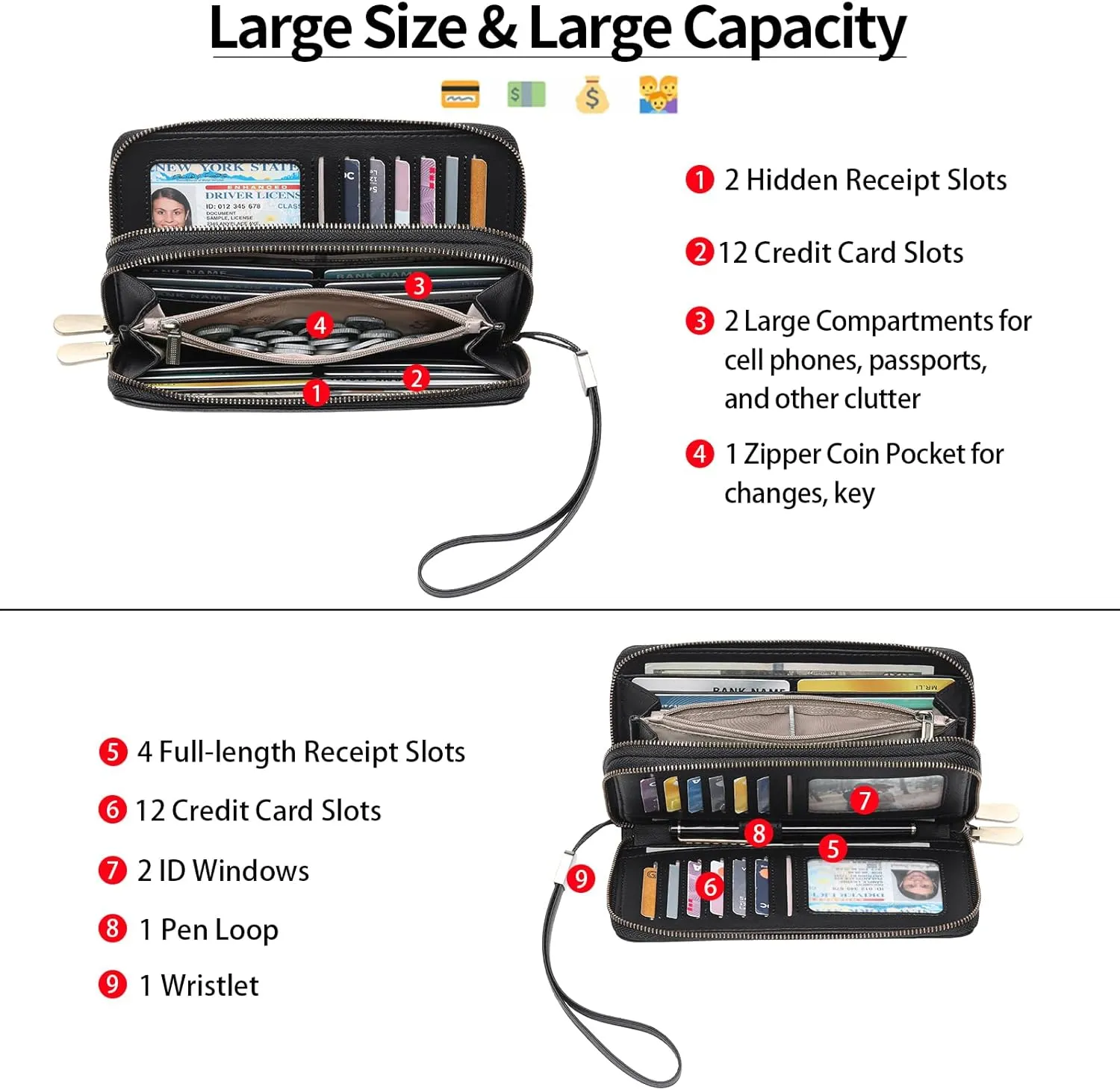 GAEKEAO Wallet for Women Clutch Leather RFID Blocking Wristlet Purse Zip Around Wallets Large Capacity Credit Card Holder