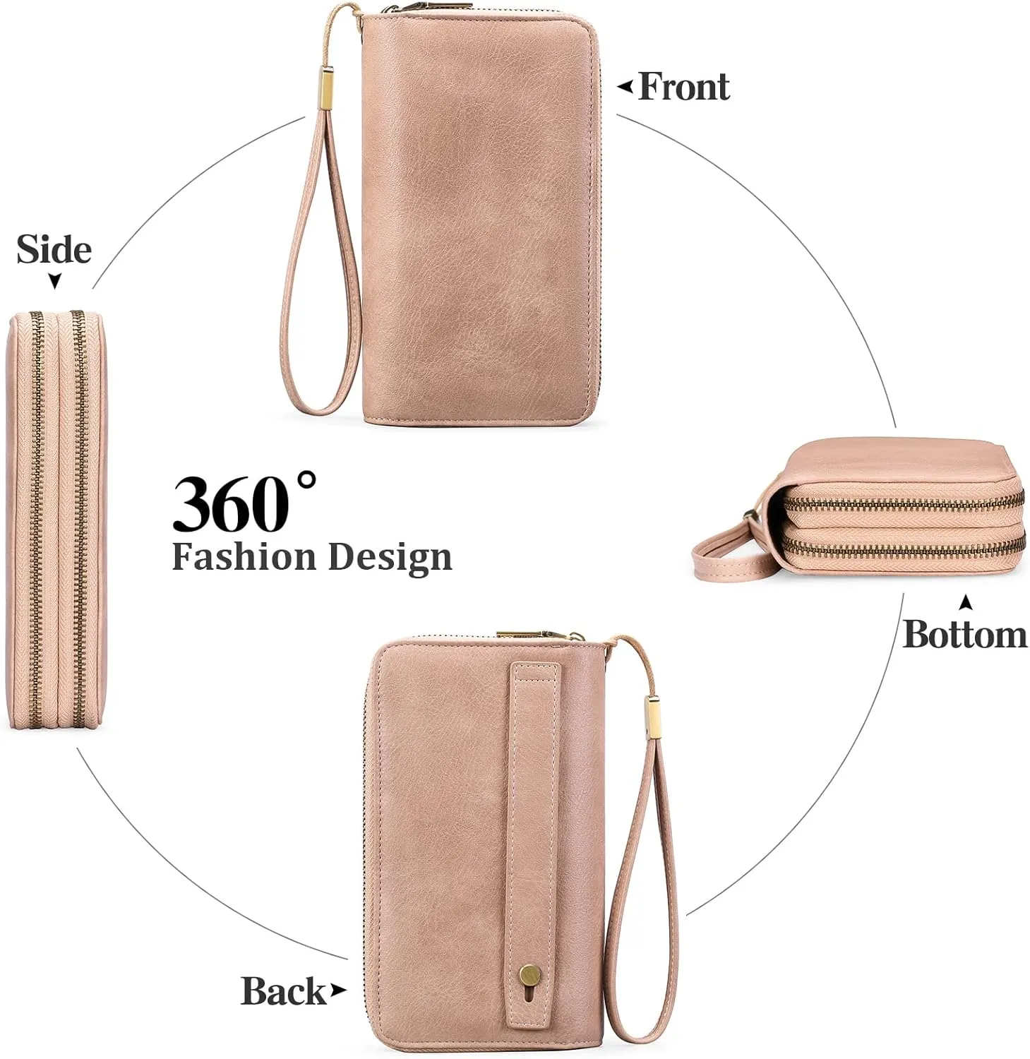 GAEKEAO Wallet for Women Clutch RFID Blocking Leather Wristlet Purse Large Capacity Credit Card Holder with Grip Hand Strap